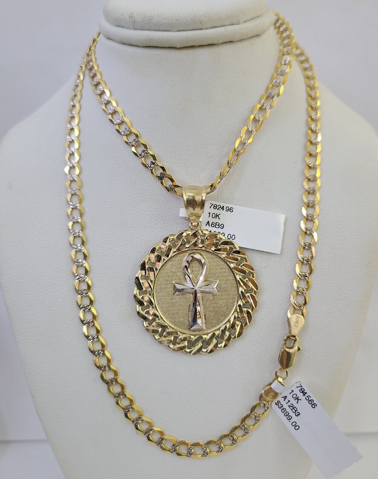 10k Gold Chain Medallion Ankh Charm Solid Cuban Curb Link 5mm 18" - 28" Inch SET - GoldenlinQ