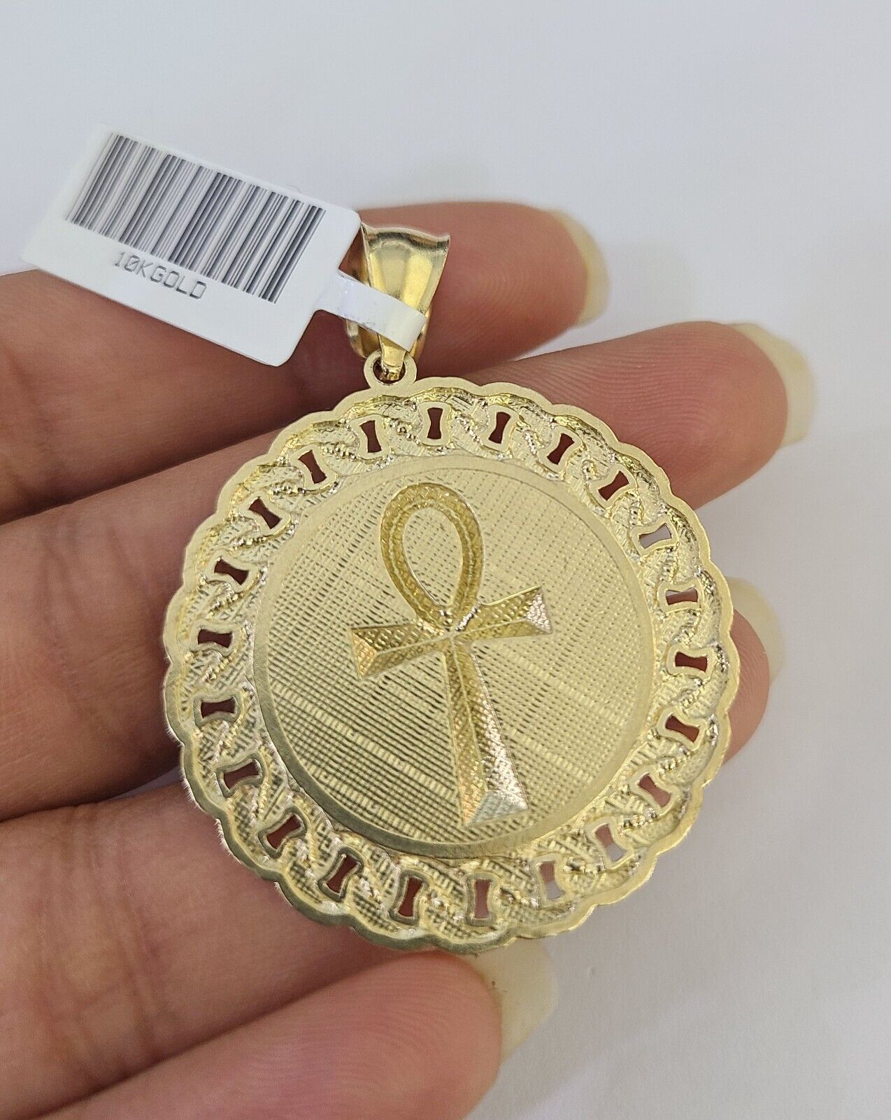 10k Gold Chain Medallion Ankh Charm Solid Cuban Curb Link 5mm 18" - 28" Inch SET - GoldenlinQ