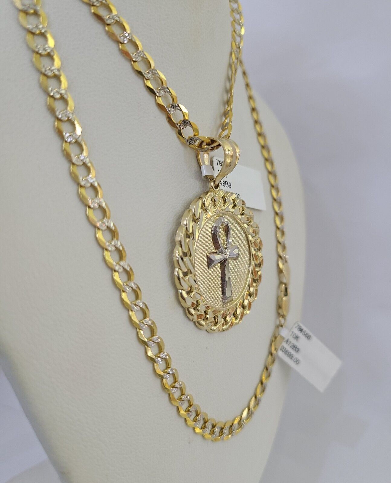 10k Gold Chain Medallion Ankh Charm Solid Cuban Curb Link 5mm 18" - 28" Inch SET - GoldenlinQ