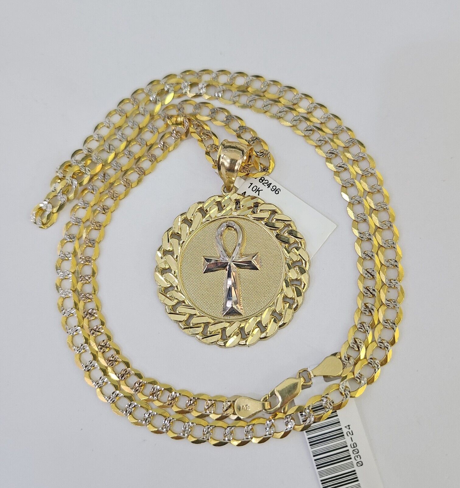 10k Gold Chain Medallion Ankh Charm Solid Cuban Curb Link 5mm 18" - 28" Inch SET - GoldenlinQ