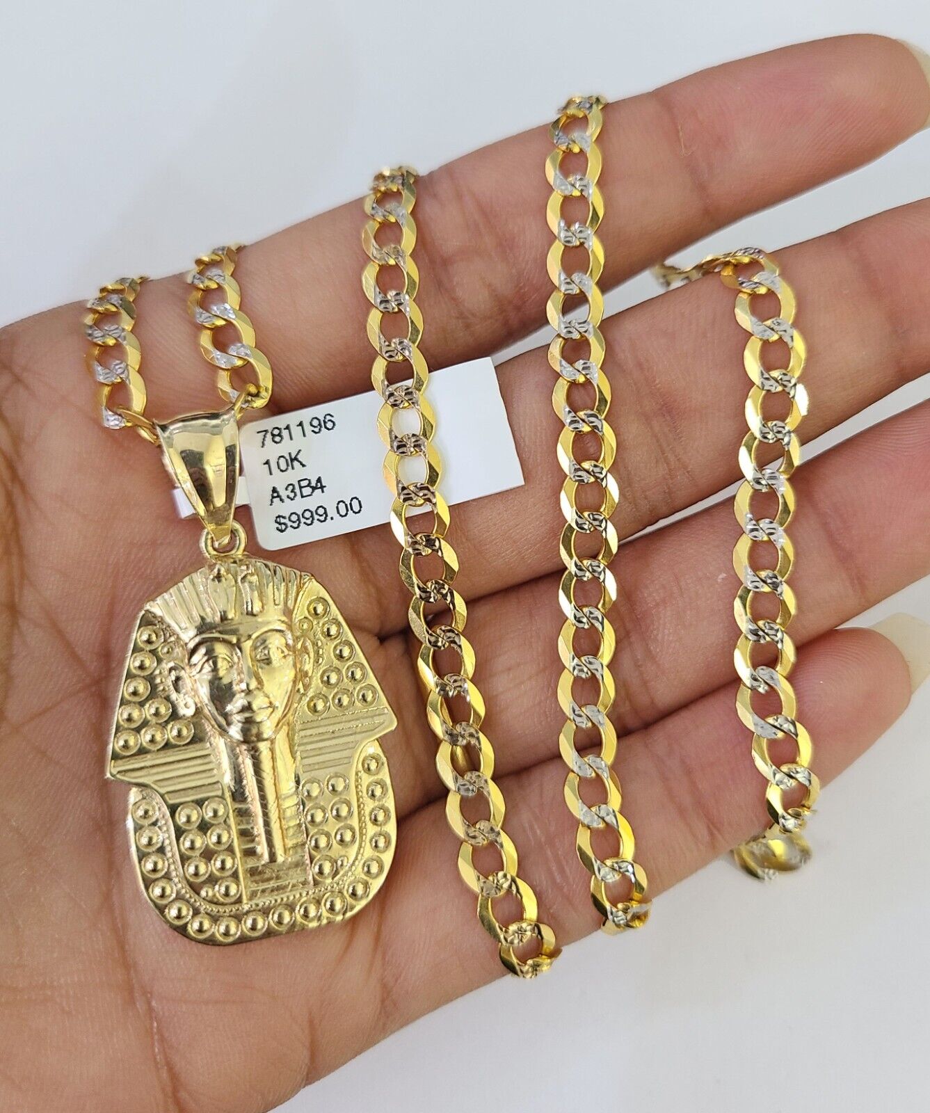 10k Gold Chain Pharaoh Charm Solid Cuban Curb 5mm 18" - 28" Inch SET Necklace - GoldenlinQ