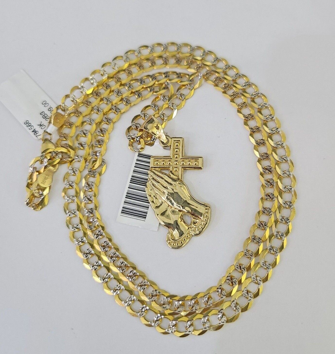 10k Gold Chain Praying Hand Charm Solid Cuban Curb 5mm 18" - 28" Inch SET Necklace - GoldenlinQ