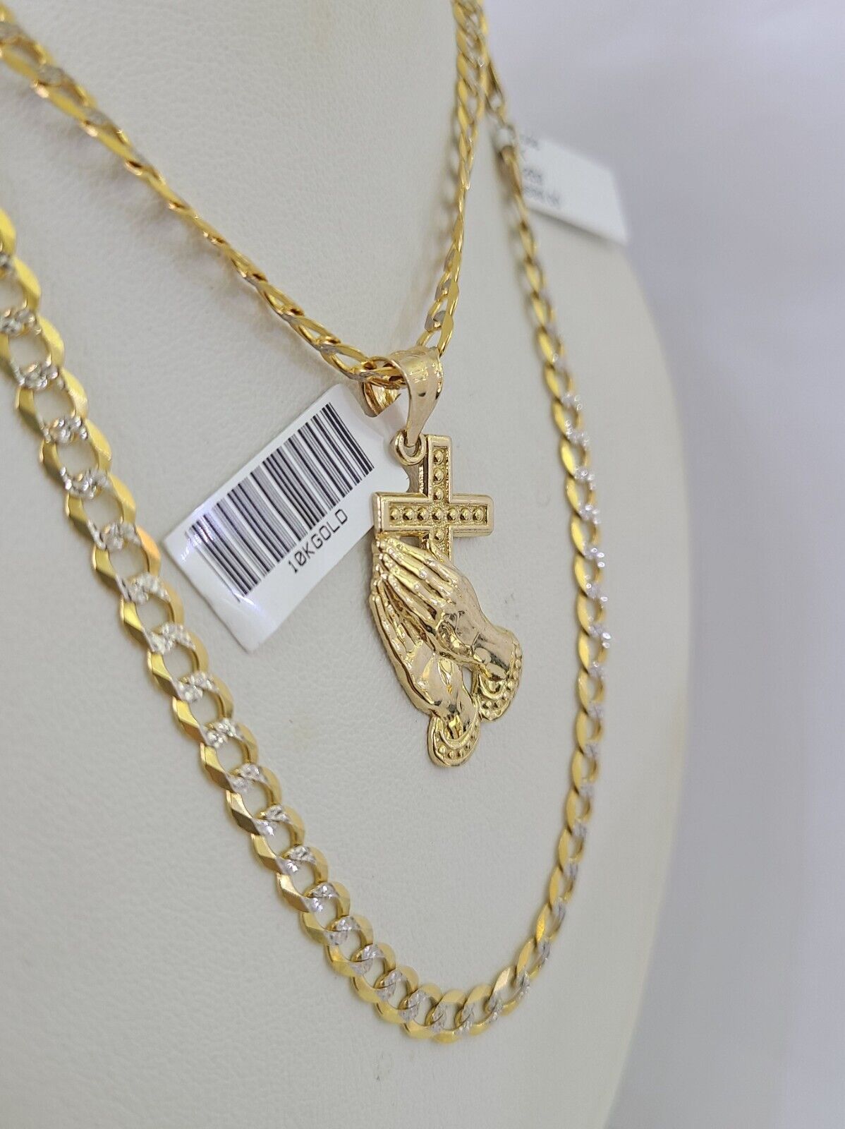 10k Gold Chain Praying Hand Charm Solid Cuban Curb 5mm 18" - 28" Inch SET Necklace - GoldenlinQ