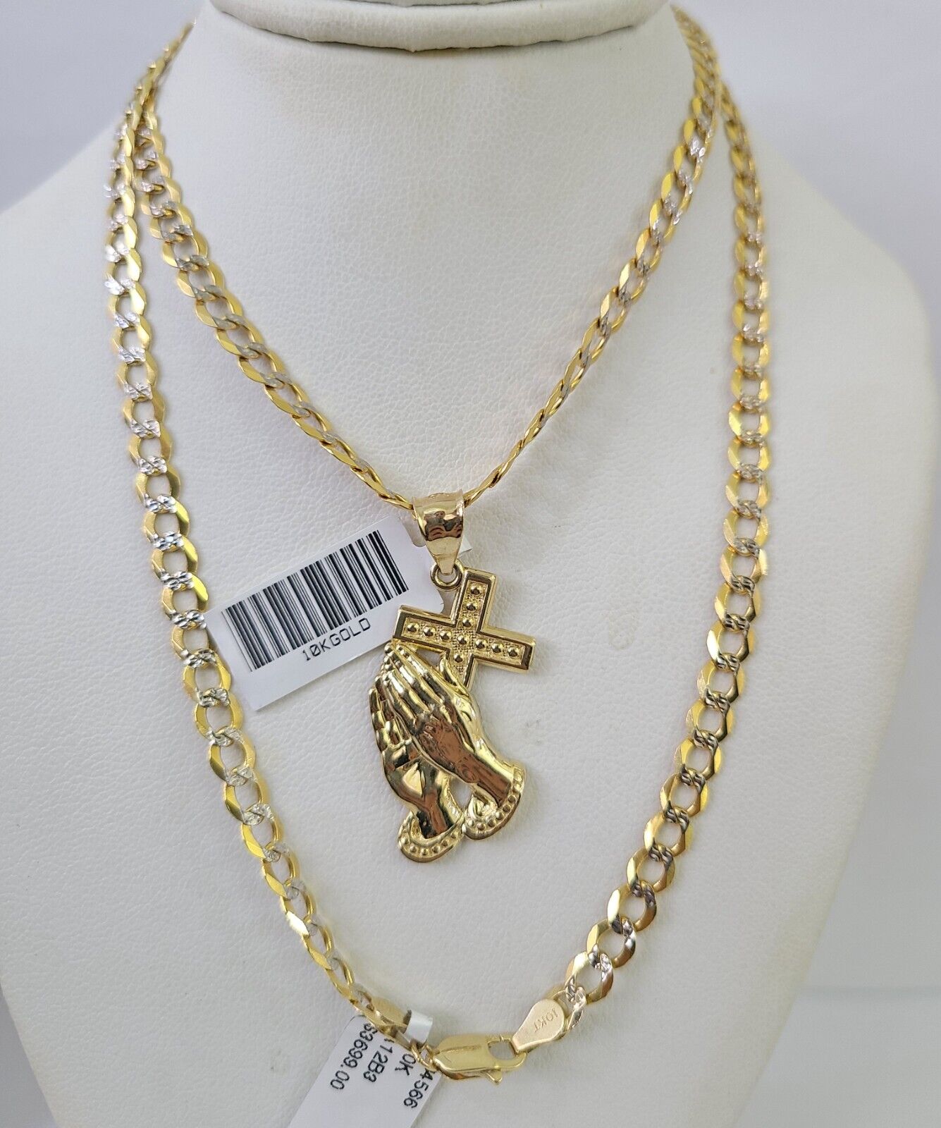 10k Gold Chain Praying Hand Charm Solid Cuban Curb 5mm 18" - 28" Inch SET Necklace - GoldenlinQ
