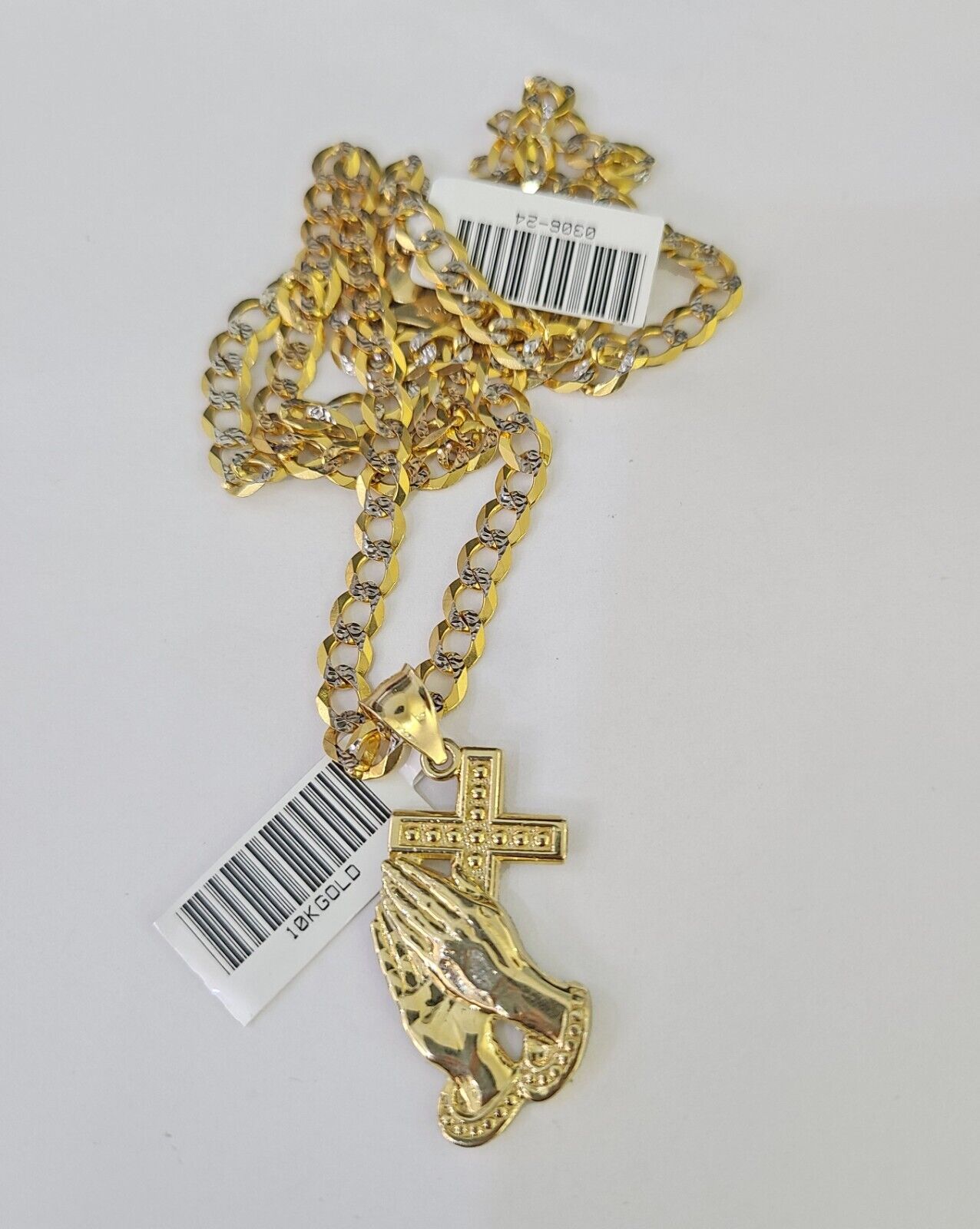 10k Gold Chain Praying Hand Charm Solid Cuban Curb 5mm 18" - 28" Inch SET Necklace - GoldenlinQ