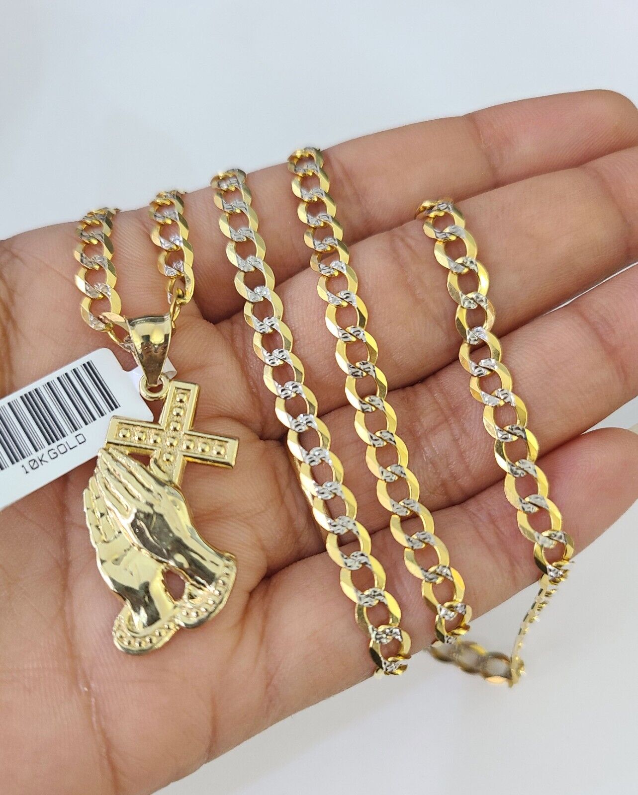 10k Gold Chain Praying Hand Charm Solid Cuban Curb 5mm 18" - 28" Inch SET Necklace - GoldenlinQ