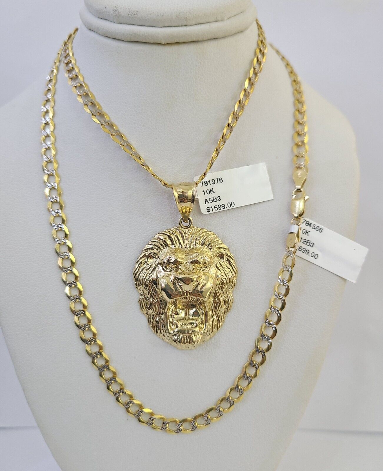10k Gold Chain Roaring Lion Charm Solid Cuban Curb 5mm 18" - 28" Inch SET Necklace - GoldenlinQ