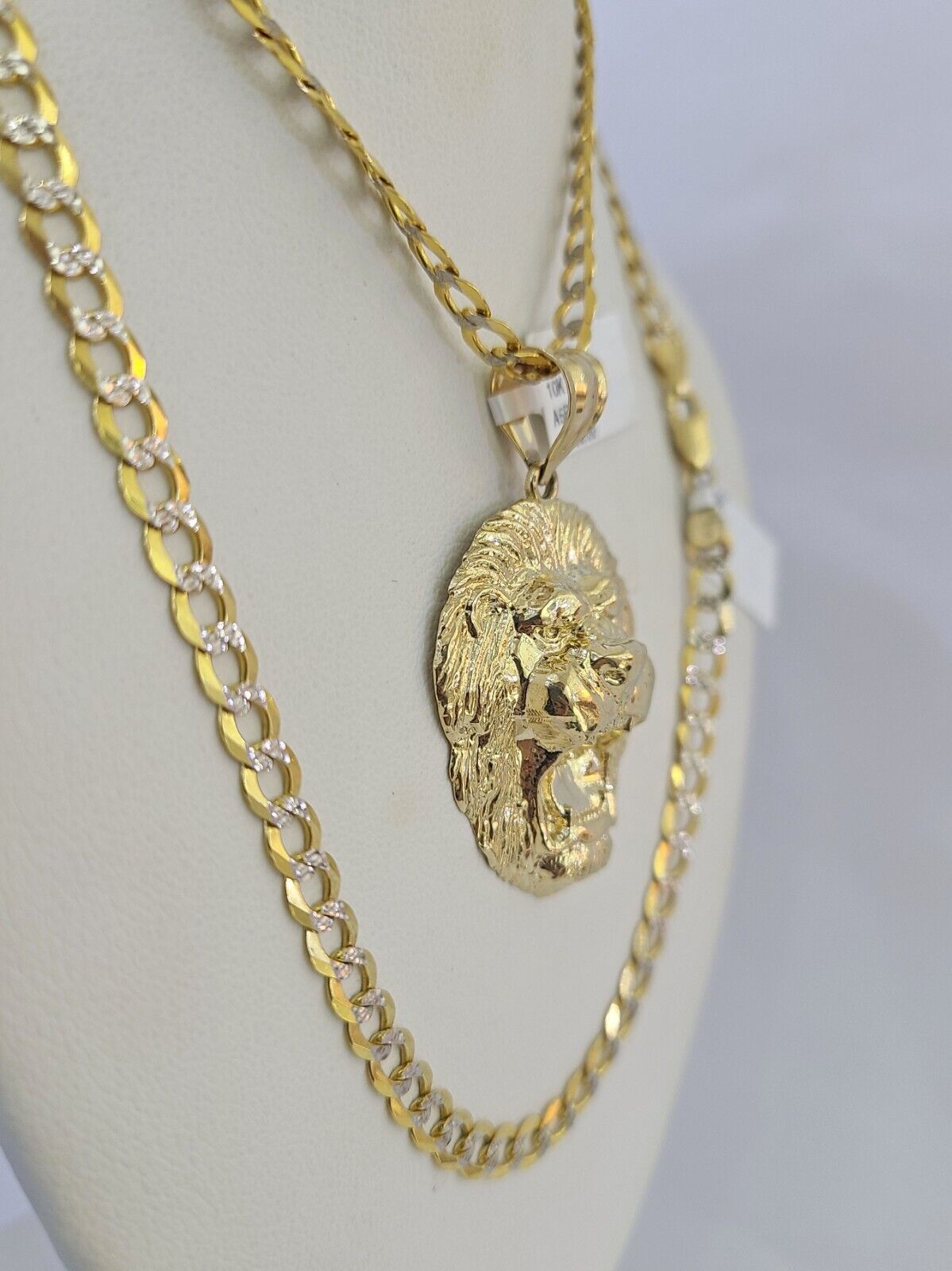 10k Gold Chain Roaring Lion Charm Solid Cuban Curb 5mm 18" - 28" Inch SET Necklace - GoldenlinQ