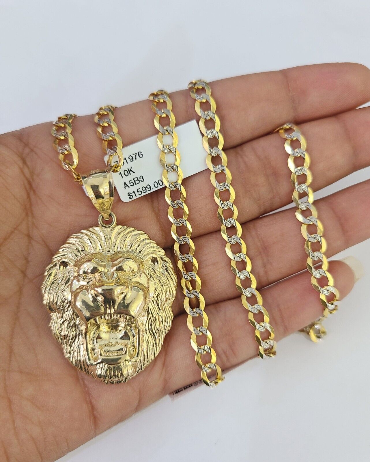 10k Gold Chain Roaring Lion Charm Solid Cuban Curb 5mm 18" - 28" Inch SET Necklace - GoldenlinQ