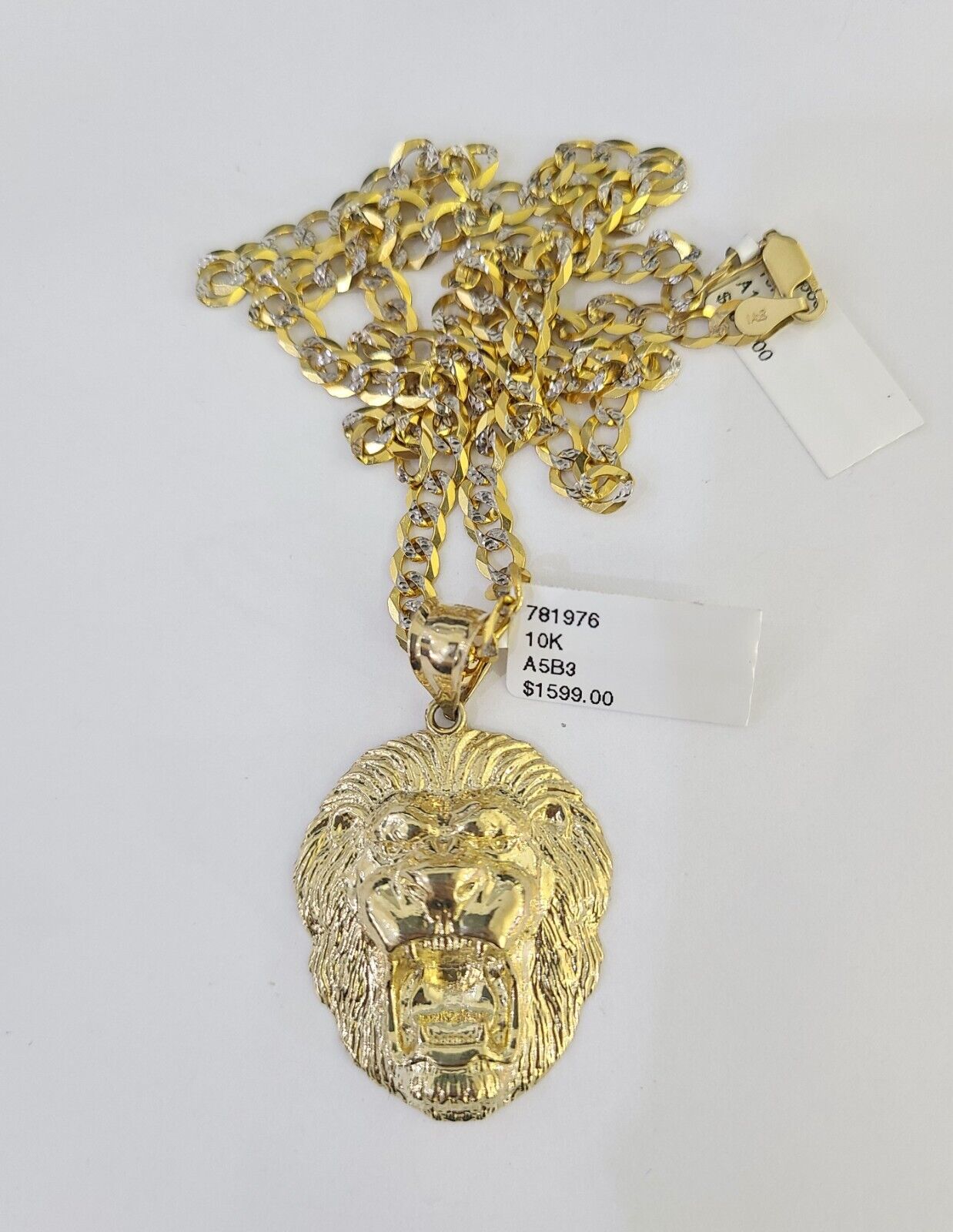 10k Gold Chain Roaring Lion Charm Solid Cuban Curb 5mm 18" - 28" Inch SET Necklace - GoldenlinQ