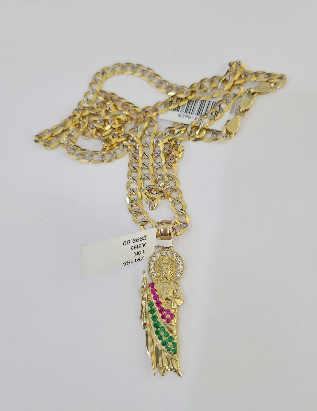 10k Gold Chain Saint Jude Charm Solid Cuban Curb Link 5mm 18" - 28" Inch SET - GoldenlinQ