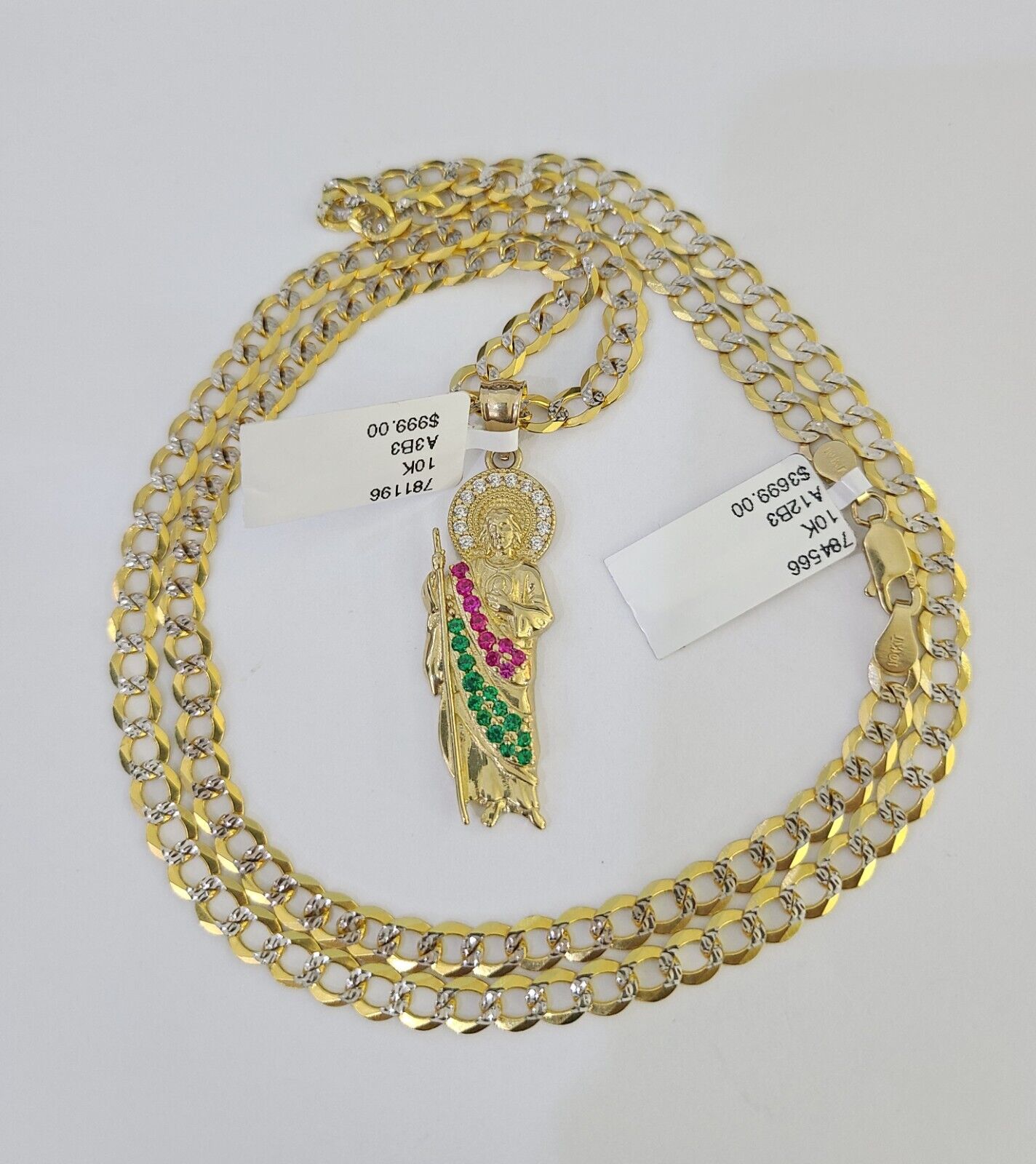 10k Gold Chain Saint Jude Charm Solid Cuban Curb Link 5mm 18" - 28" Inch SET - GoldenlinQ