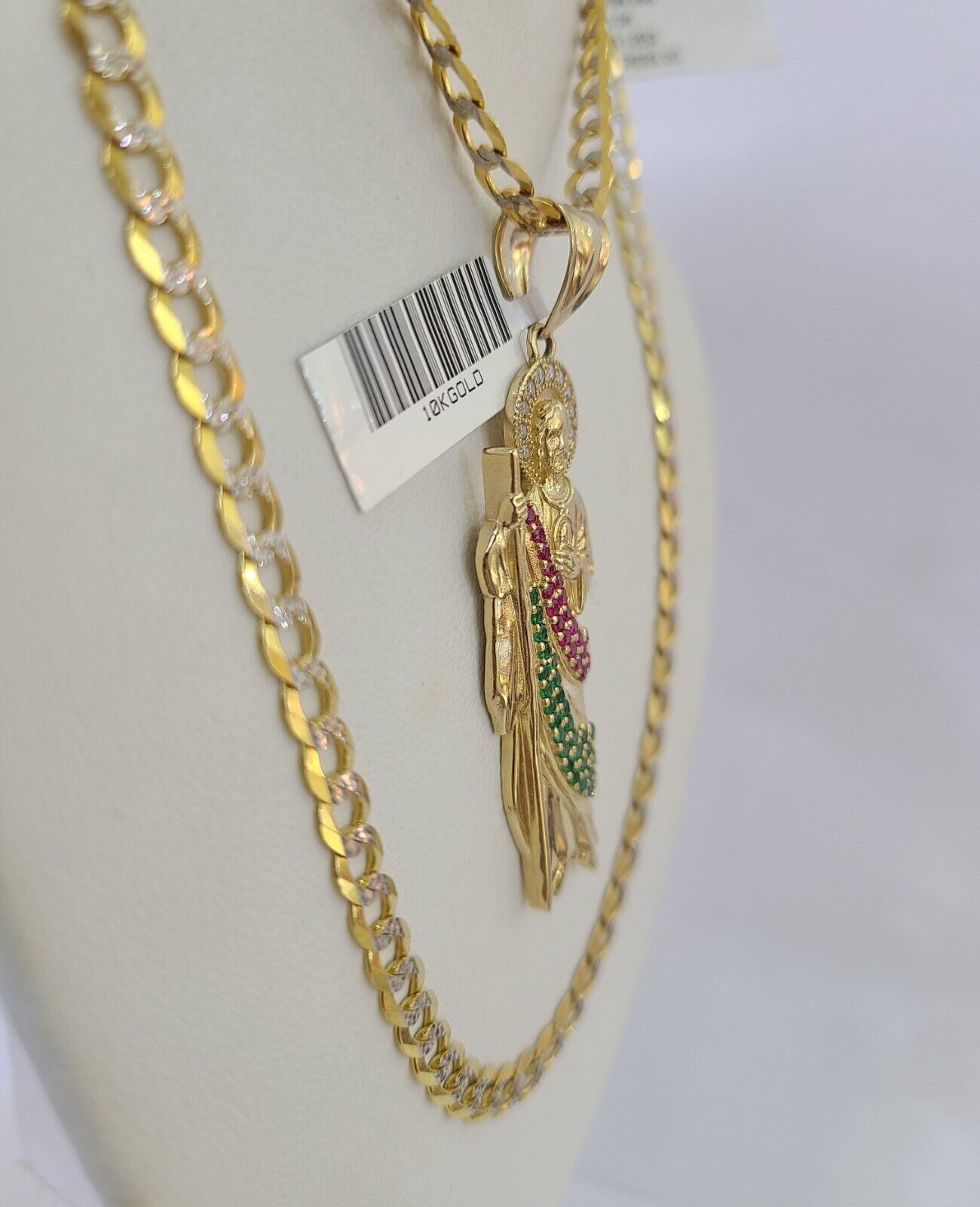 10k Gold Chain Saint Jude Charm Solid Cuban Curb Link 5mm 18" - 28" Inch SET - GoldenlinQ