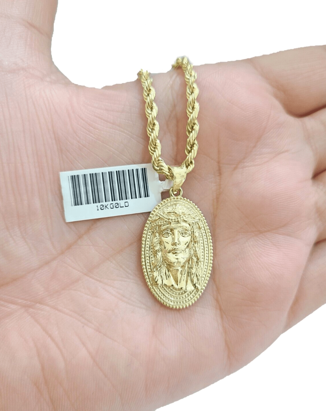 10k Gold Circular Jesus Head Charm Rope Chain Necklace 3mm 20'' Set Pendant 10kt - GoldenlinQ