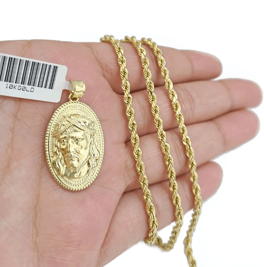 10k Gold Circular Jesus Head Charm Rope Chain Necklace 3mm 20'' Set Pendant 10kt - GoldenlinQ