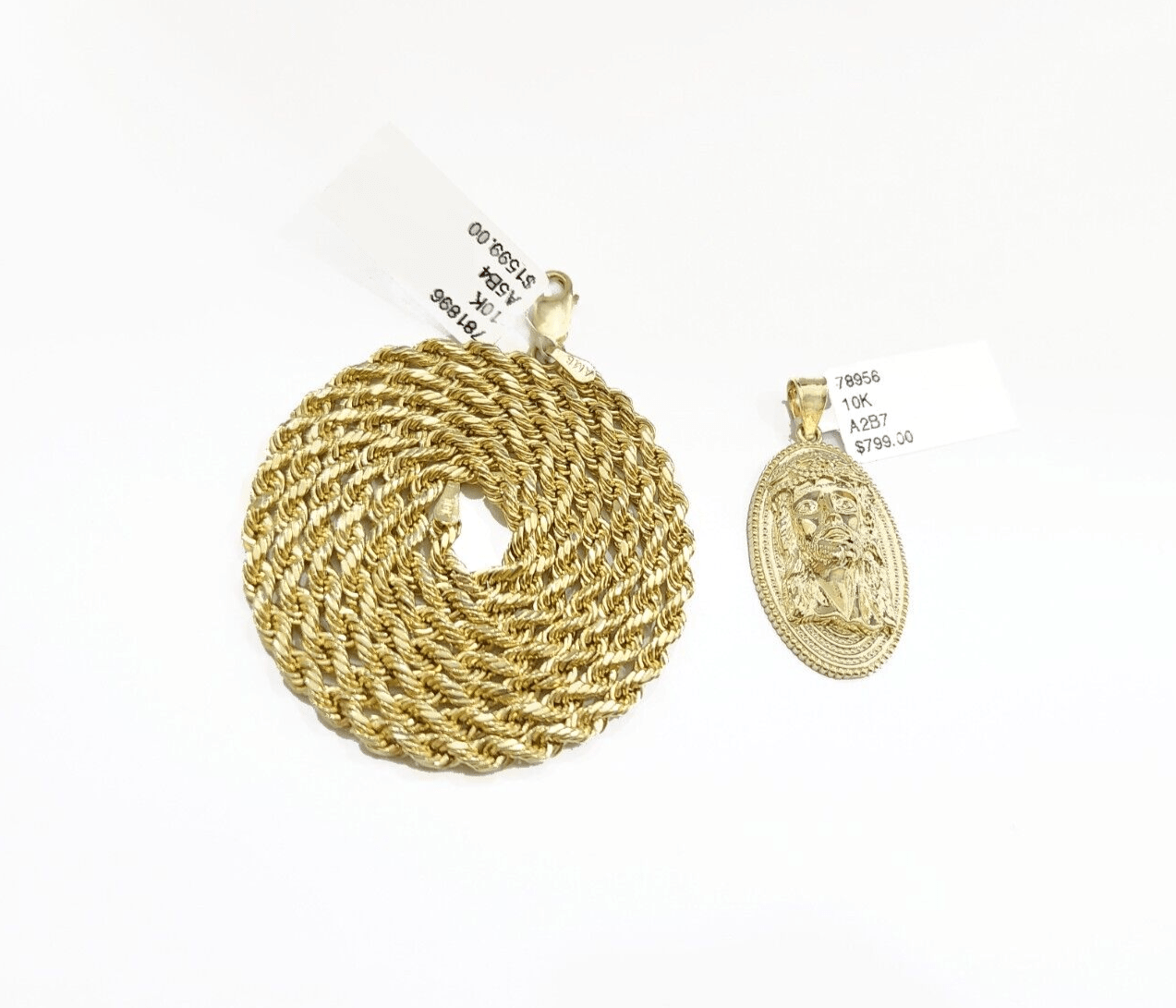 10k Gold Circular Jesus Head Charm Rope Chain Necklace 3mm 20'' Set Pendant 10kt - GoldenlinQ