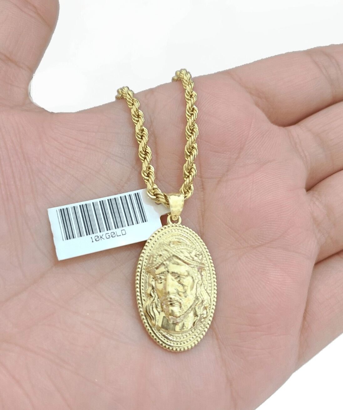 10k Gold Circular Jesus Head Charm Rope Chain Necklace 3mm 24'' Set Pendant 10kt - GoldenlinQ