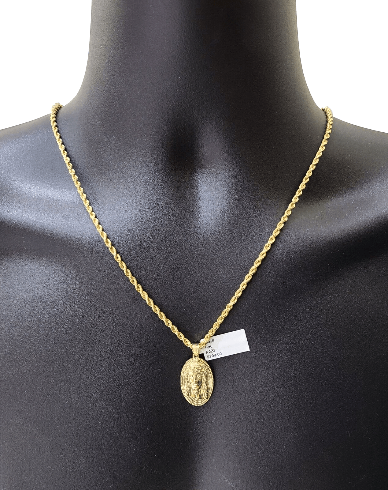 10k Gold Circular Jesus Head Charm Rope Chain Necklace 3mm 26'' Set Pendant 10kt - GoldenlinQ