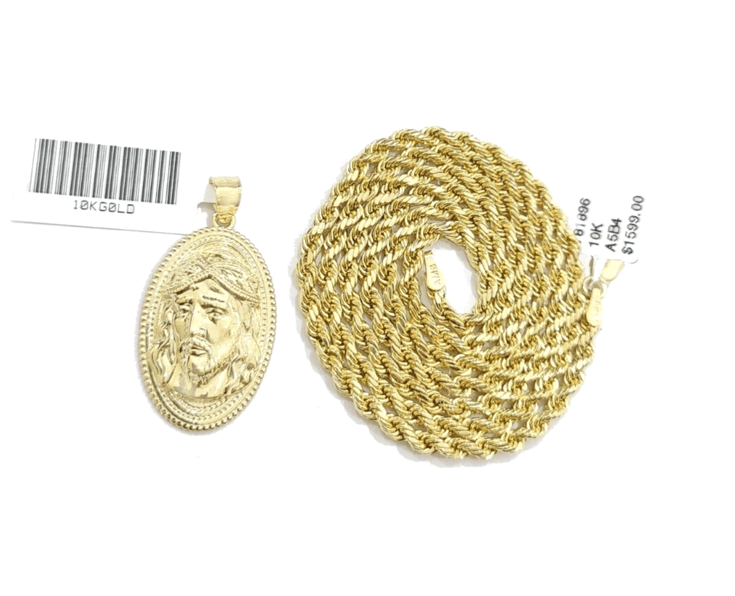 10k Gold Circular Jesus Head Charm Rope Chain Necklace 3mm 28'' Set Pendant 10kt - GoldenlinQ