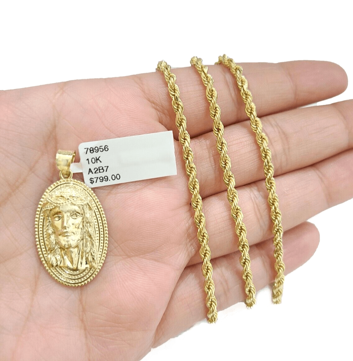 10k Gold Circular Jesus Head Charm Rope Chain Necklace 3mm 28'' Set Pendant 10kt - GoldenlinQ