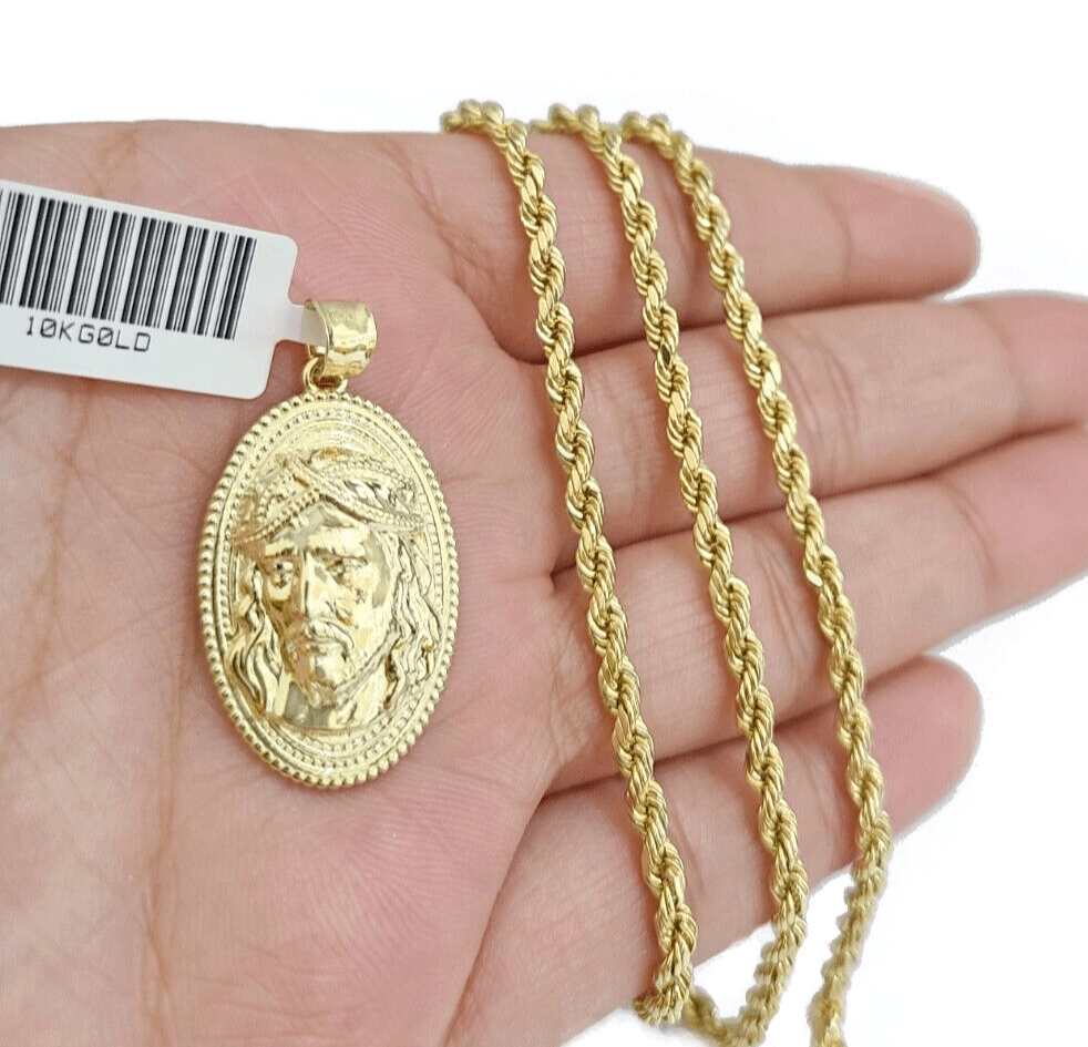 10k Gold Circular Jesus Head Charm Rope Chain Necklace 3mm 28'' Set Pendant 10kt - GoldenlinQ