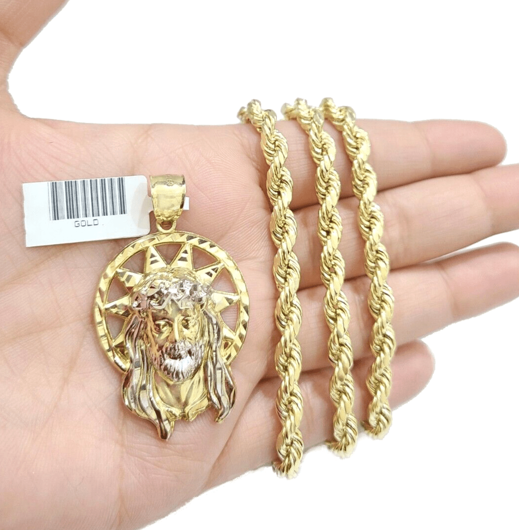 10k Gold Circular Jesus Star Head Charm Rope Chain Necklace 6mm 20'' Set Pendant - GoldenlinQ