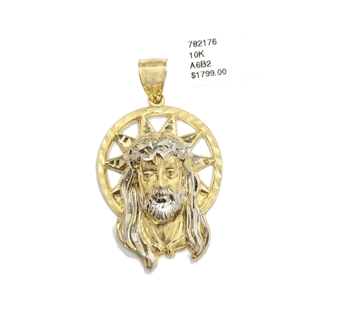 10k Gold Circular Jesus Star Head Charm Rope Chain Necklace 6mm 22'' Set Pendant - GoldenlinQ