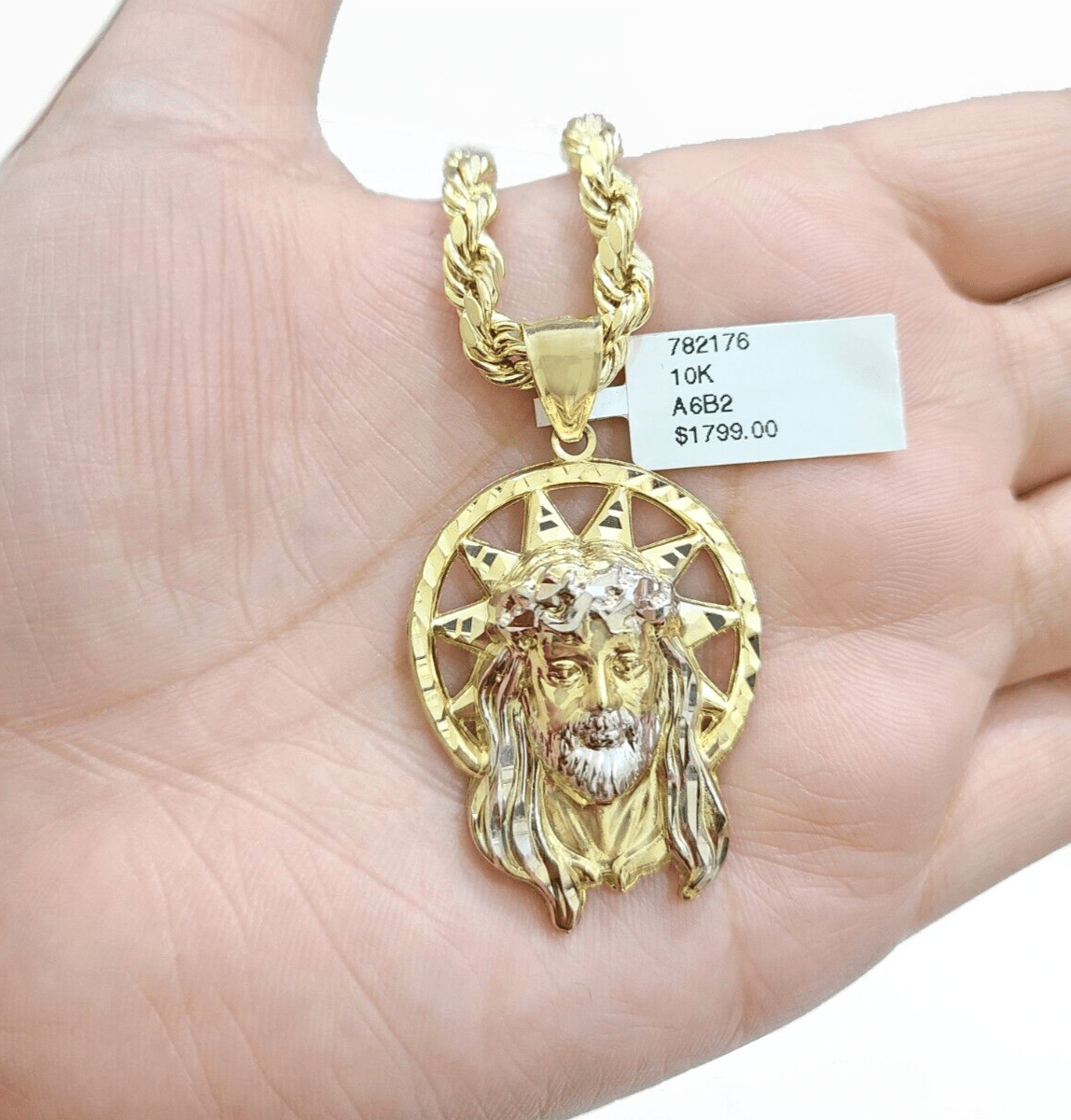 10k Gold Circular Jesus Star Head Charm Rope Chain Necklace 6mm 24'' Set Pendant - GoldenlinQ
