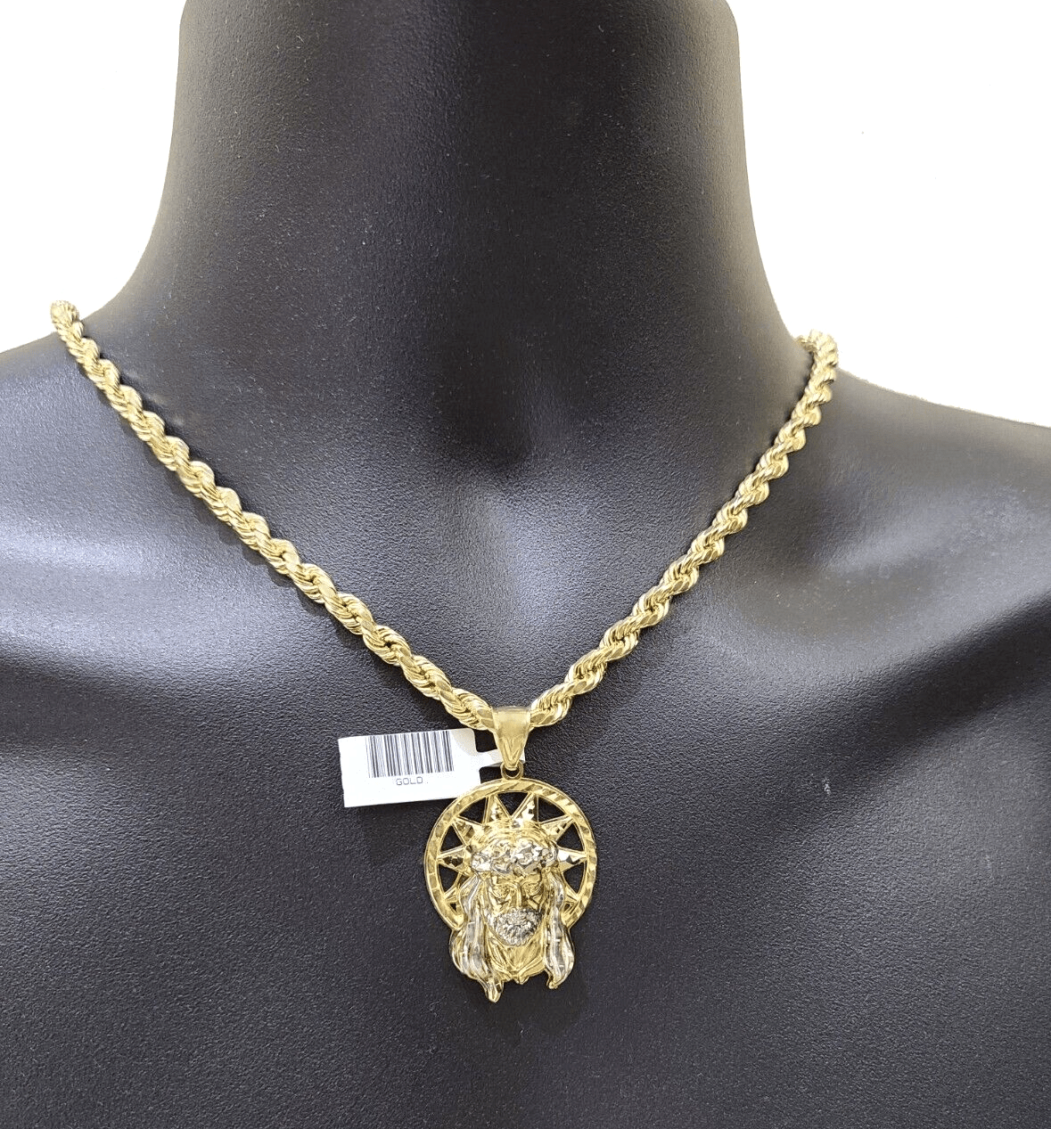 10k Gold Circular Jesus Star Head Charm Rope Chain Necklace 6mm 28'' Set Pendant - GoldenlinQ