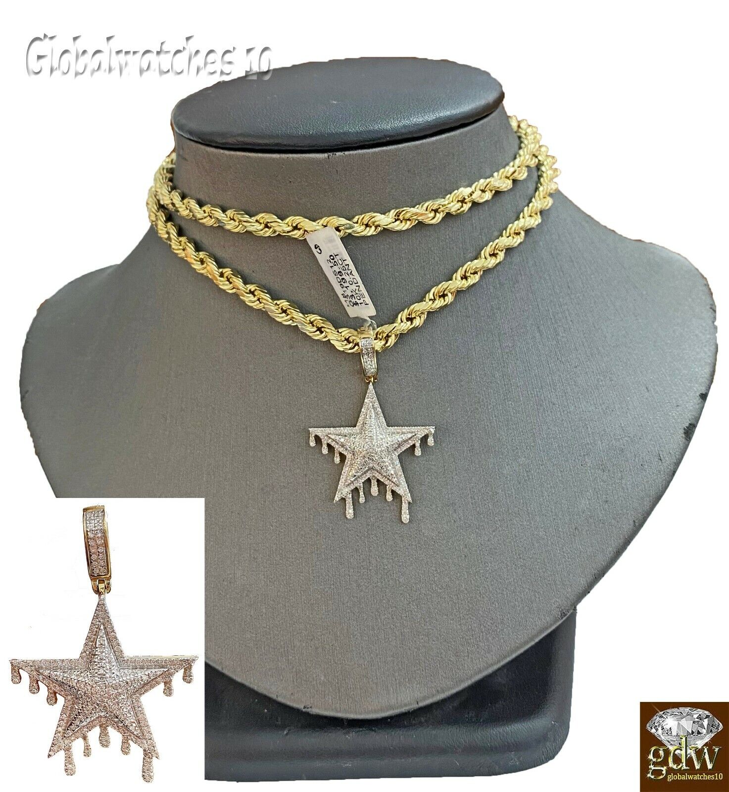 10k Gold Diamond Charm with Rope Chain in 20 22 24 26 inch Star Shape Pendant - GoldenlinQ