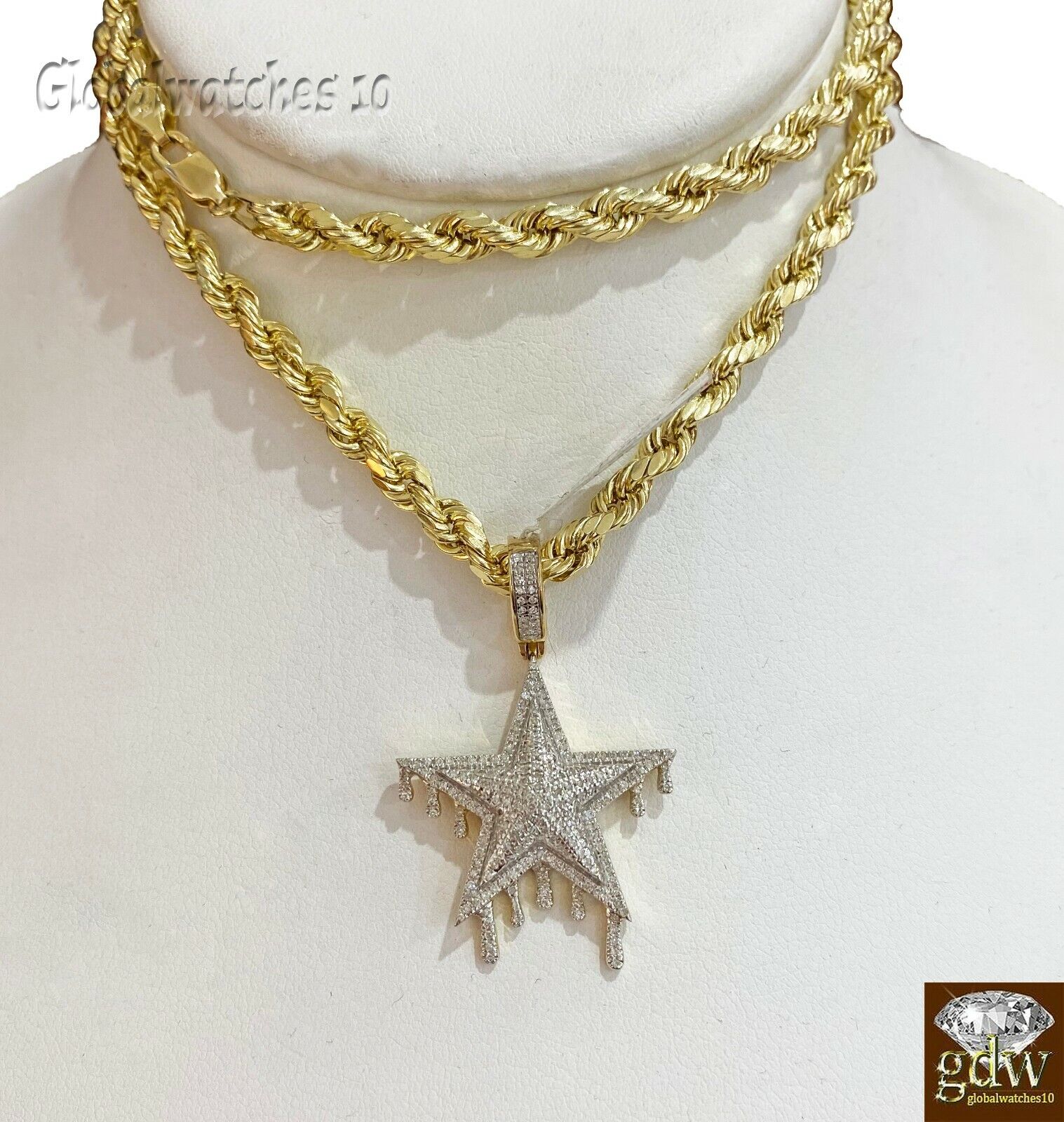 10k Gold Diamond Charm with Rope Chain in 20 22 24 26 inch Star Shape Pendant - GoldenlinQ