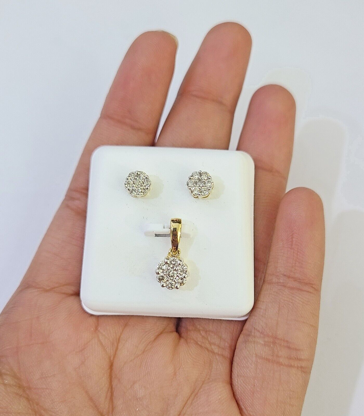 10k Gold Diamond Flower Earrings pendant Box Chain SET 22" Inch 1mm For Ladies - GoldenlinQ