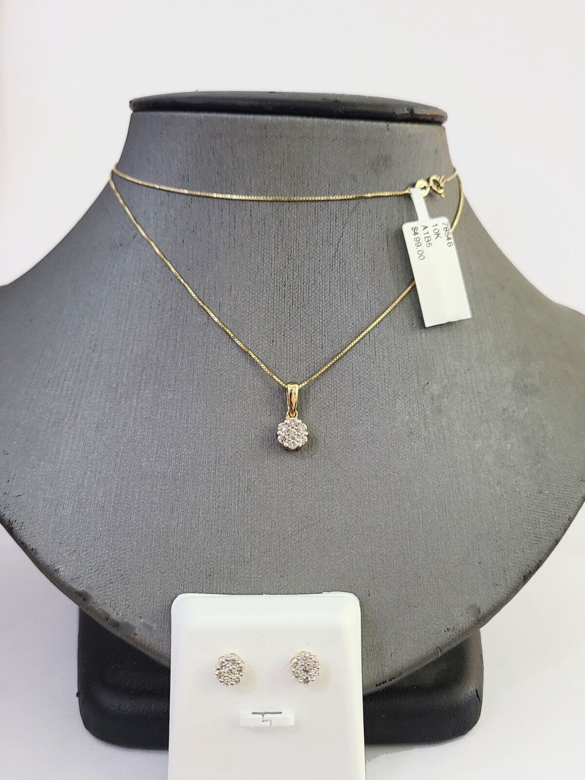 10k Gold Diamond Flower Earrings pendant Box Chain SET 22" Inch 1mm For Ladies - GoldenlinQ