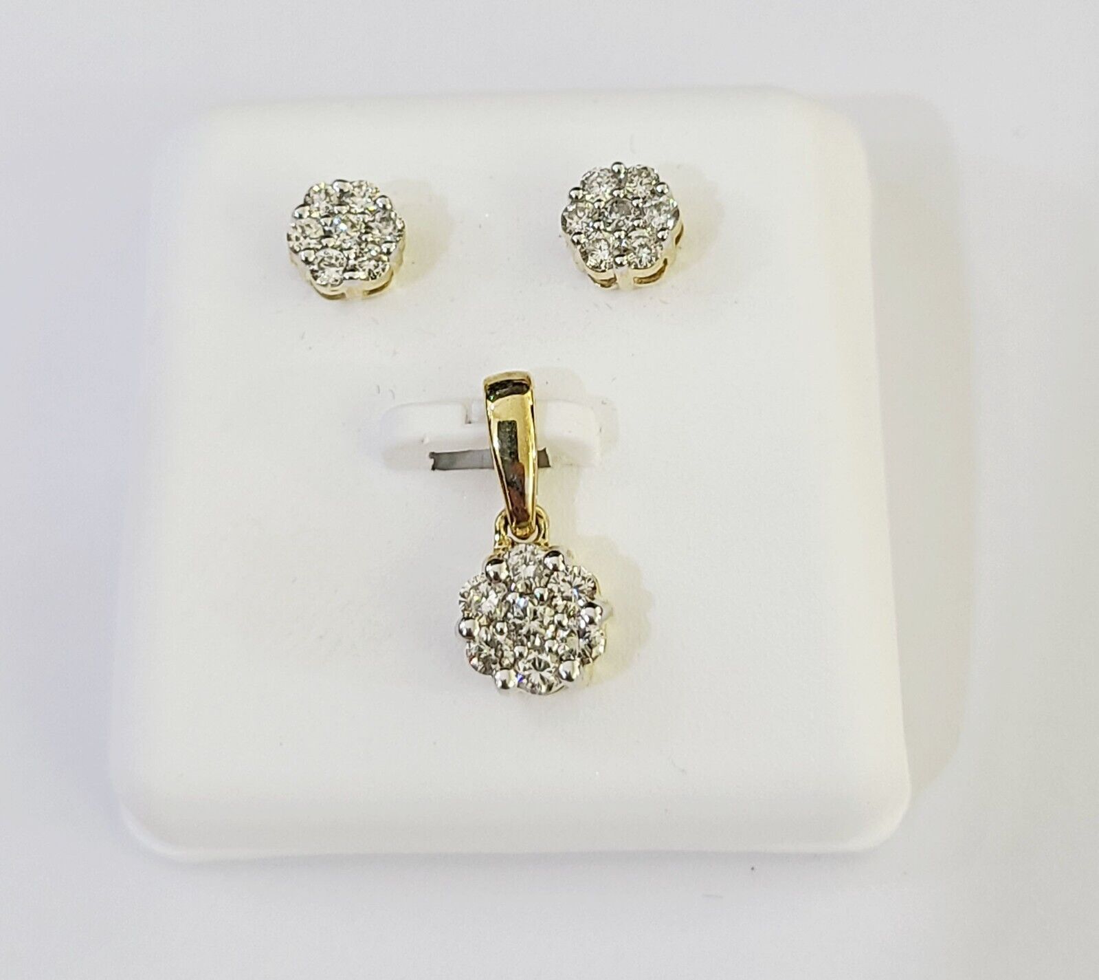 10k Gold Diamond Flower Earrings pendant Box Chain SET 22" Inch 1mm For Ladies - GoldenlinQ