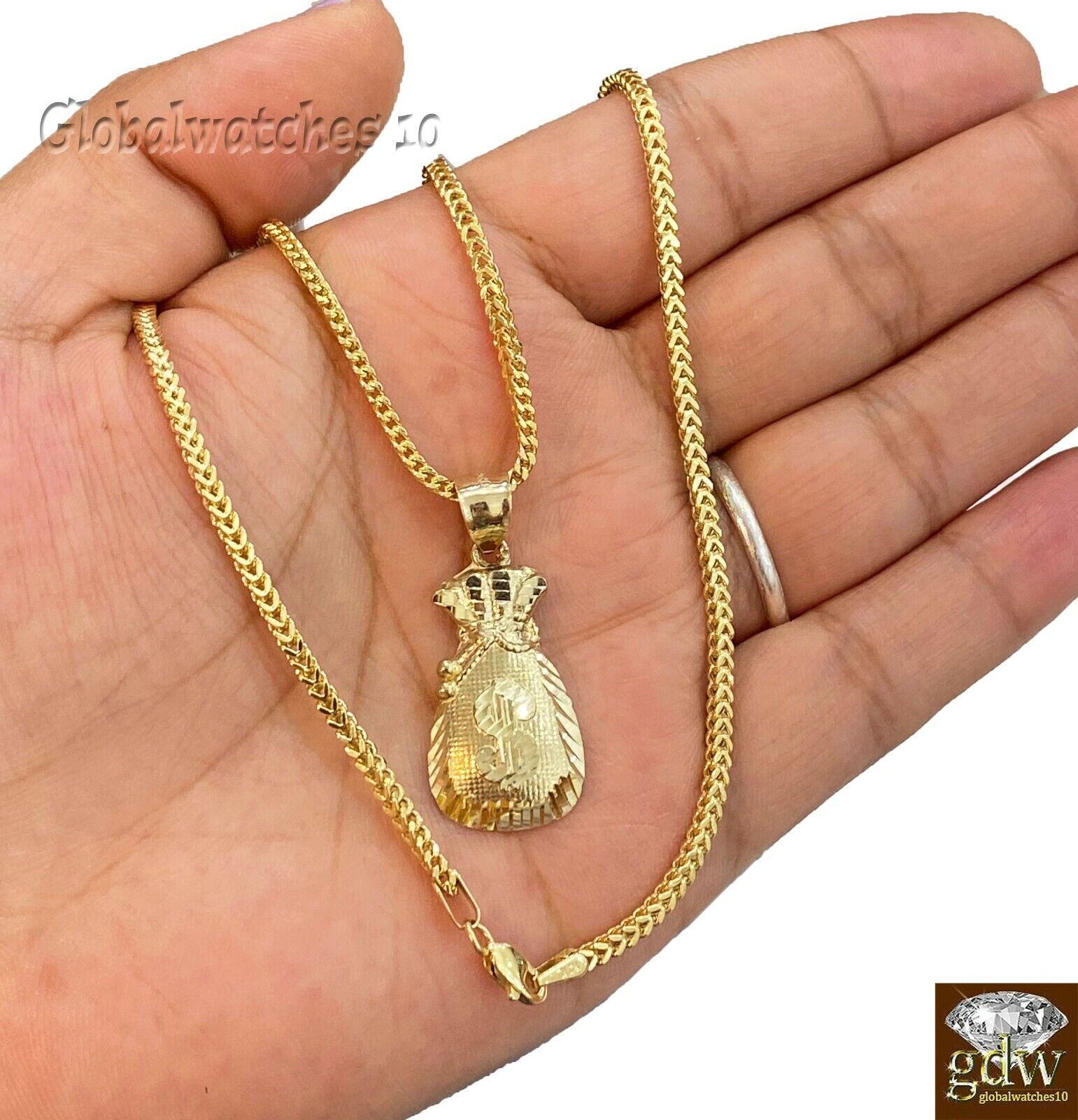 10k Gold Dollar Bag Charm Pendant Franco Chain 22 24 26 28 Inch Real - GoldenlinQ