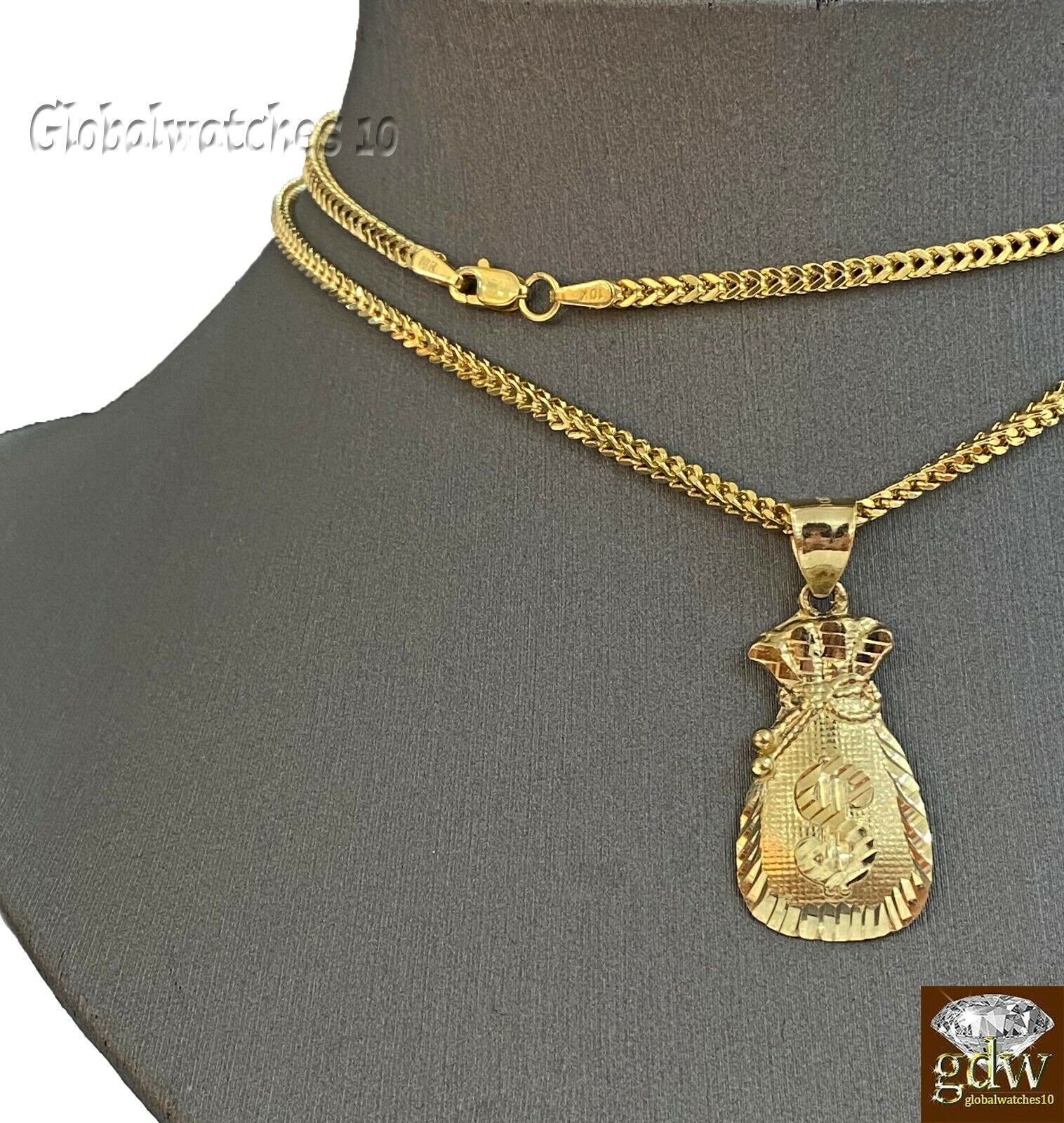 10k Gold Dollar Bag Charm Pendant Franco Chain 22 24 26 28 Inch Real - GoldenlinQ