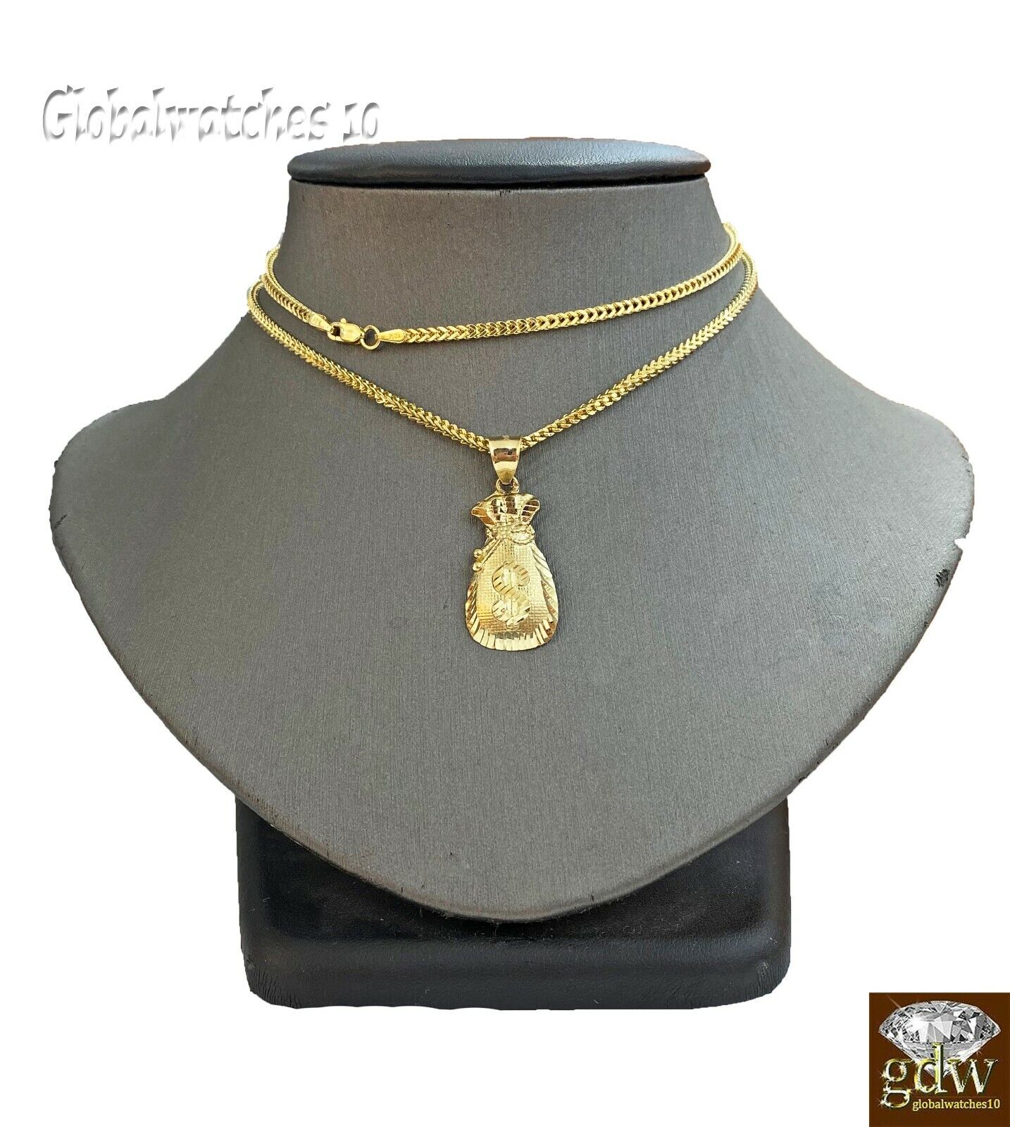 10k Gold Dollar Bag Charm Pendant Franco Chain 22 24 26 28 Inch Real - GoldenlinQ