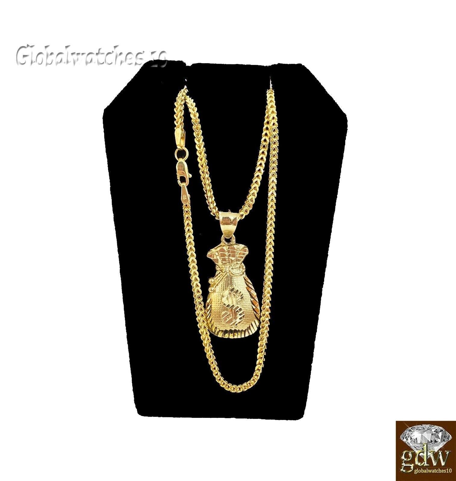 10k Gold Dollar Bag Charm Pendant Franco Chain 22 24 26 28 Inch Real - GoldenlinQ