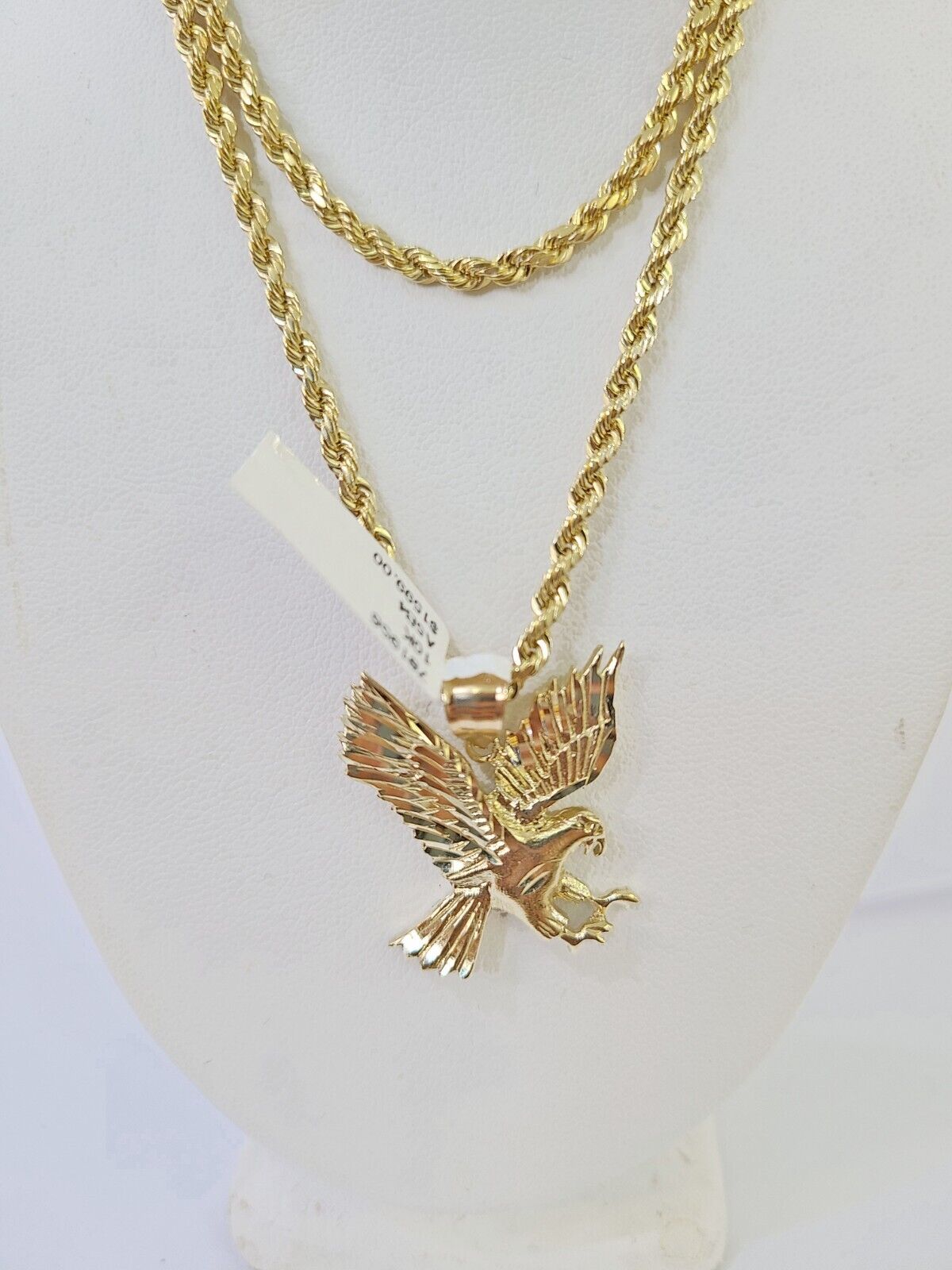 10k Gold Flying Eagle Pendant Rope Chain 3mm 18'' Necklace Set Real Genuine - GoldenlinQ