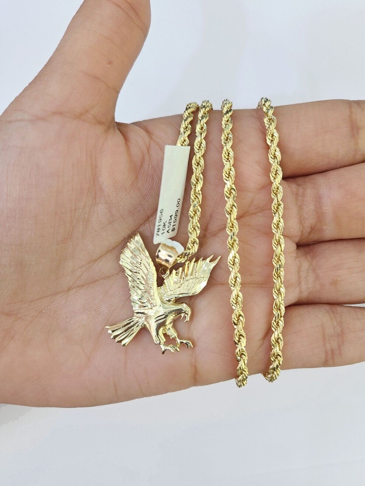 10k Gold Flying Eagle Pendant Rope Chain 3mm 18'' Necklace Set Real Genuine - GoldenlinQ