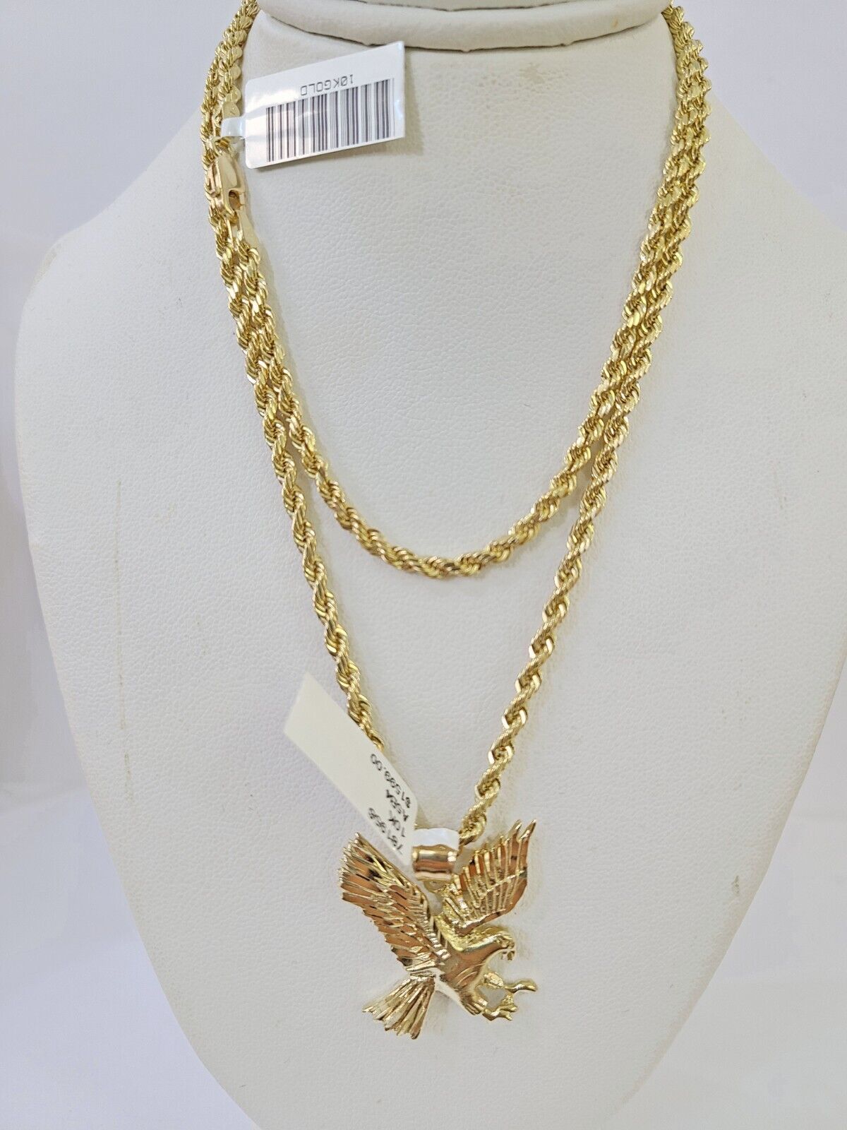 10k Gold Flying Eagle Pendant Rope Chain 3mm 24'' Necklace Set Real Genuine - GoldenlinQ
