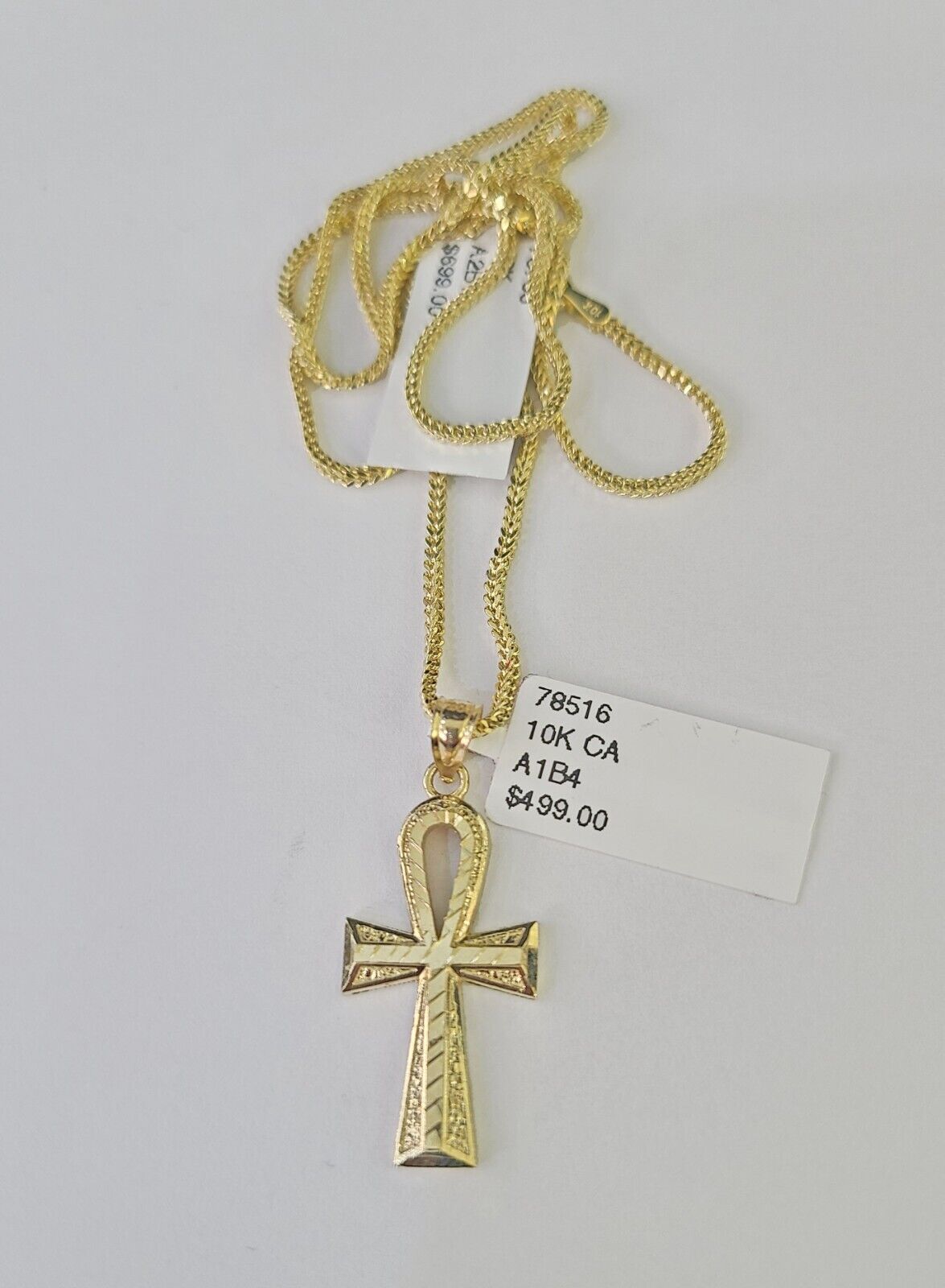 10K Gold Franco Chain Ankh Jesus Cross Charm SET 18 - 24 inches 1mm Necklace - GoldenlinQ