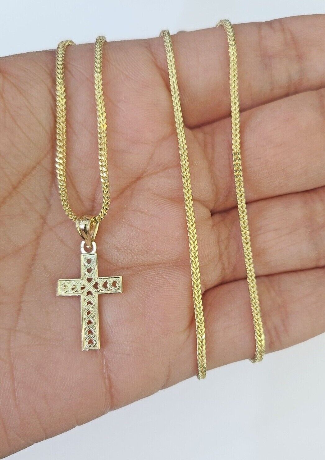 10K Gold Franco Chain Hearts Jesus Cross Charm SET 18 - 24 inches 1mm Necklace - GoldenlinQ