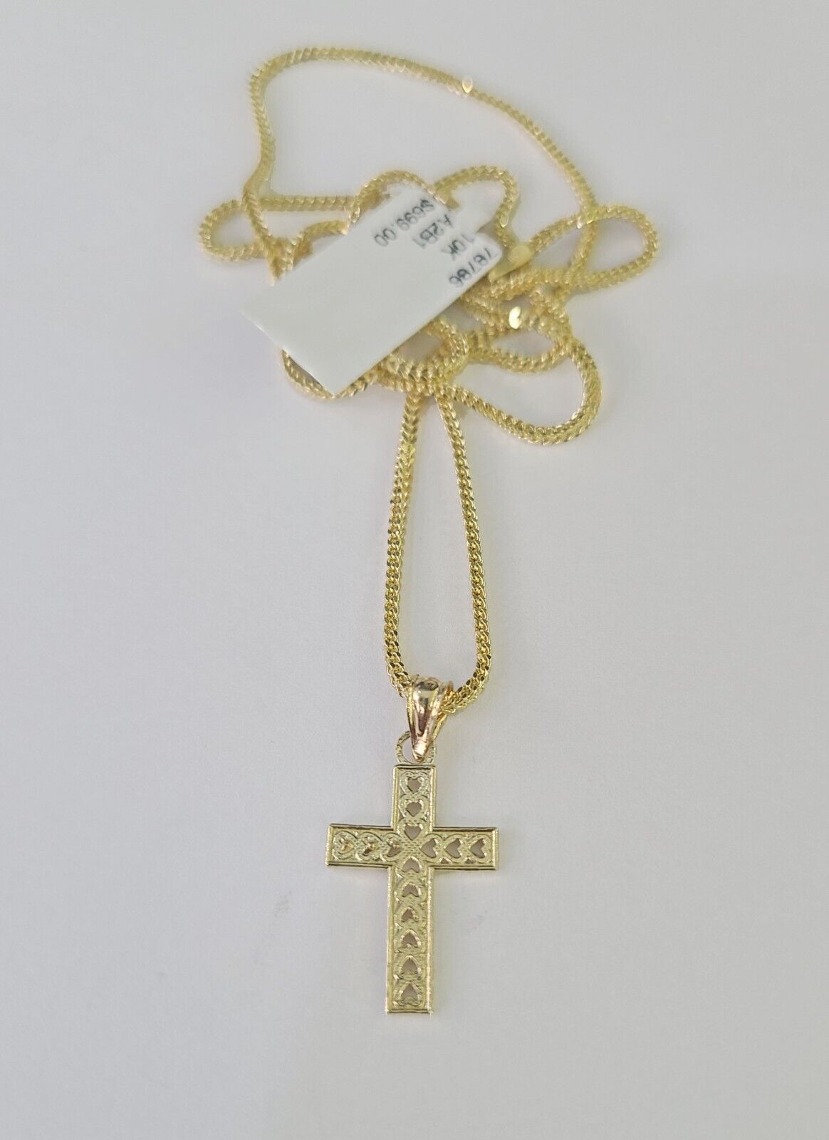 10K Gold Franco Chain Hearts Jesus Cross Charm SET 18 - 24 inches 1mm Necklace - GoldenlinQ