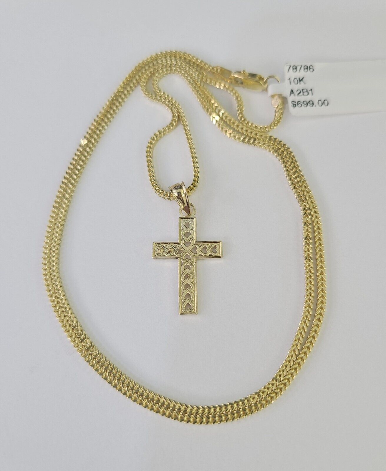 10K Gold Franco Chain Hearts Jesus Cross Charm SET 18 - 24 inches 1mm Necklace - GoldenlinQ