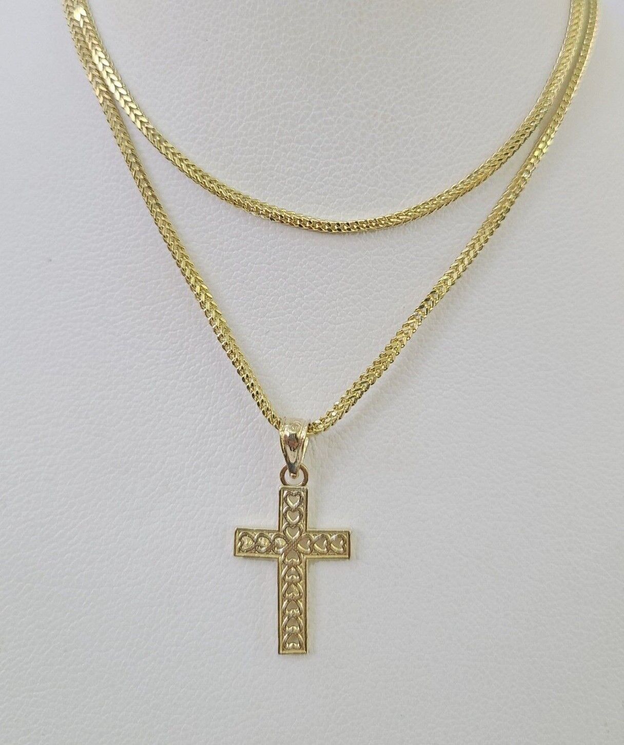 10K Gold Franco Chain Hearts Jesus Cross Charm SET 18 - 24 inches 1mm Necklace - GoldenlinQ