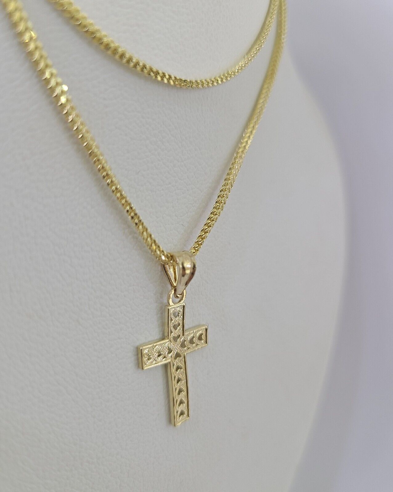 10K Gold Franco Chain Hearts Jesus Cross Charm SET 18 - 24 inches 1mm Necklace - GoldenlinQ