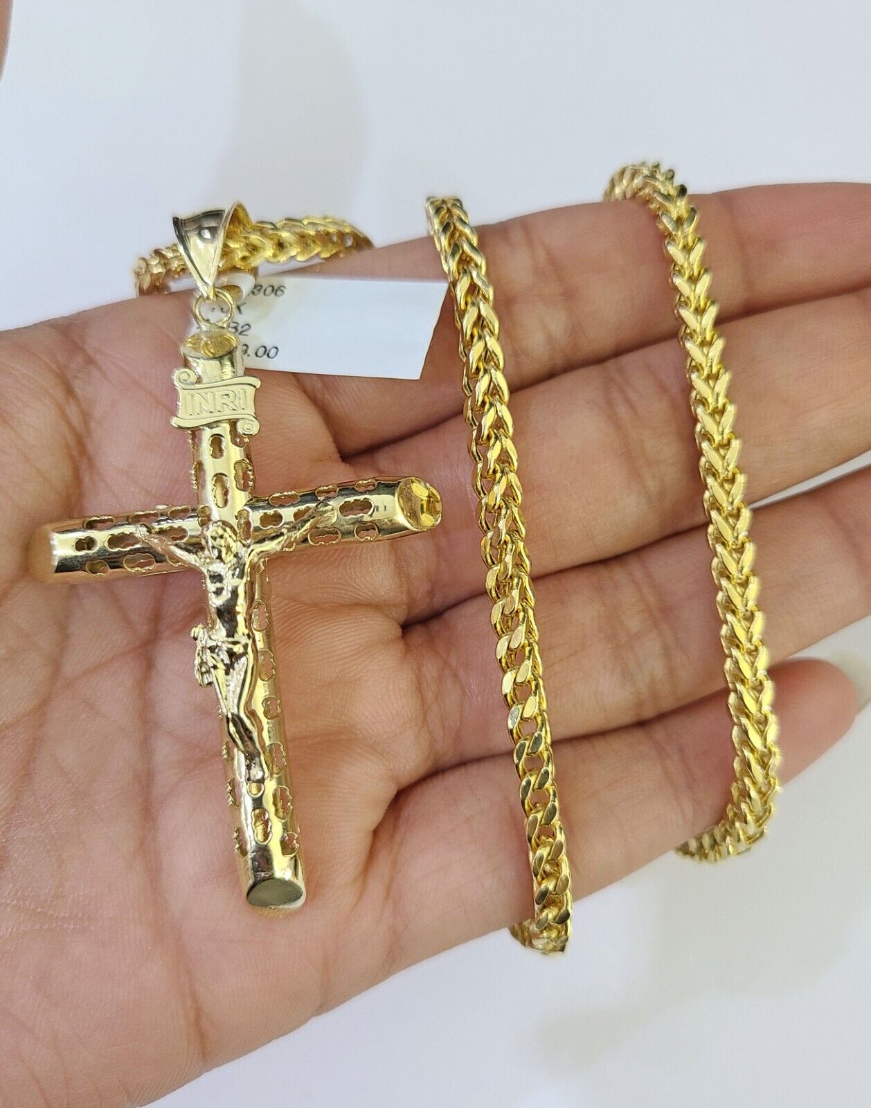 10K Gold Franco Chain INRI Cross Charm Length 18 - 26 inches 3mm REAL Yellow - GoldenlinQ