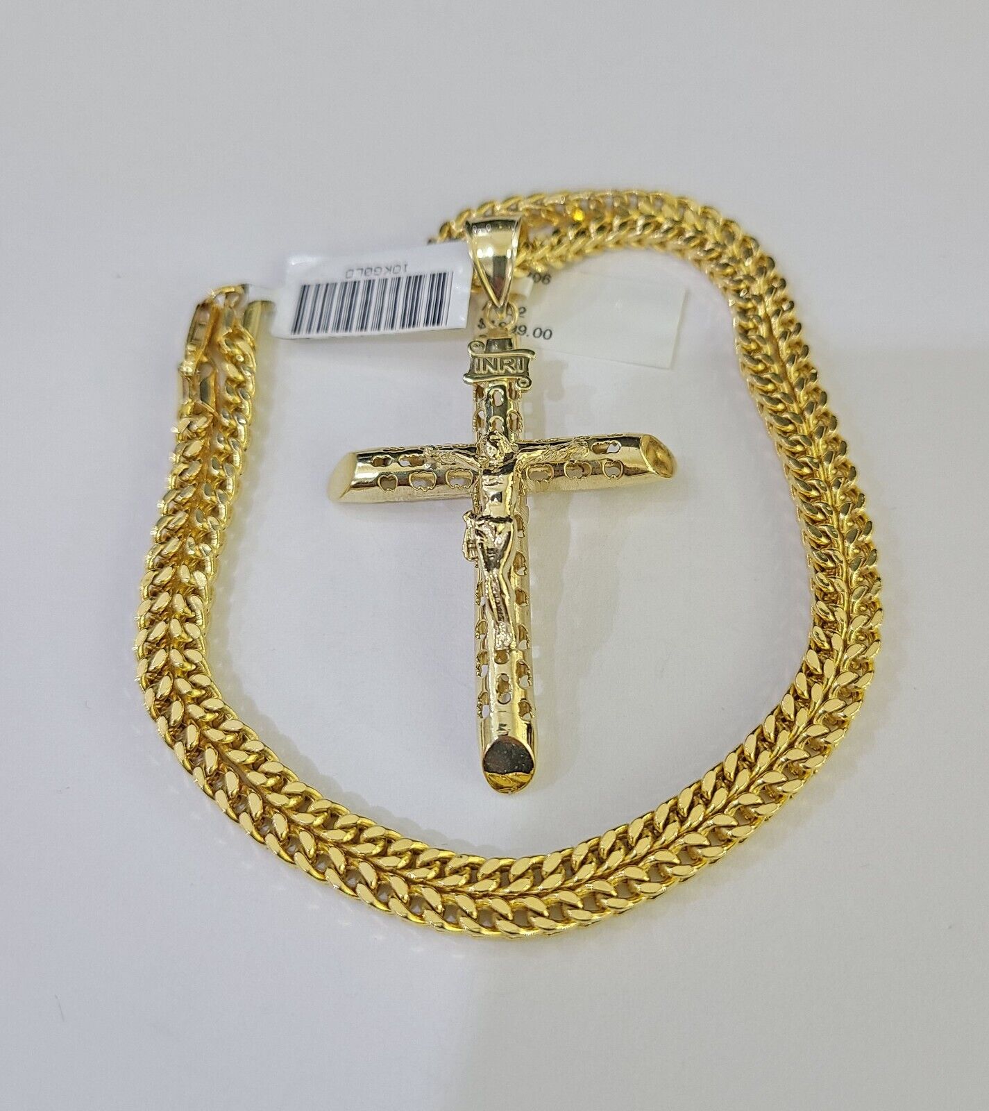 10K Gold Franco Chain INRI Cross Charm Length 18 - 26 inches 3mm REAL Yellow - GoldenlinQ