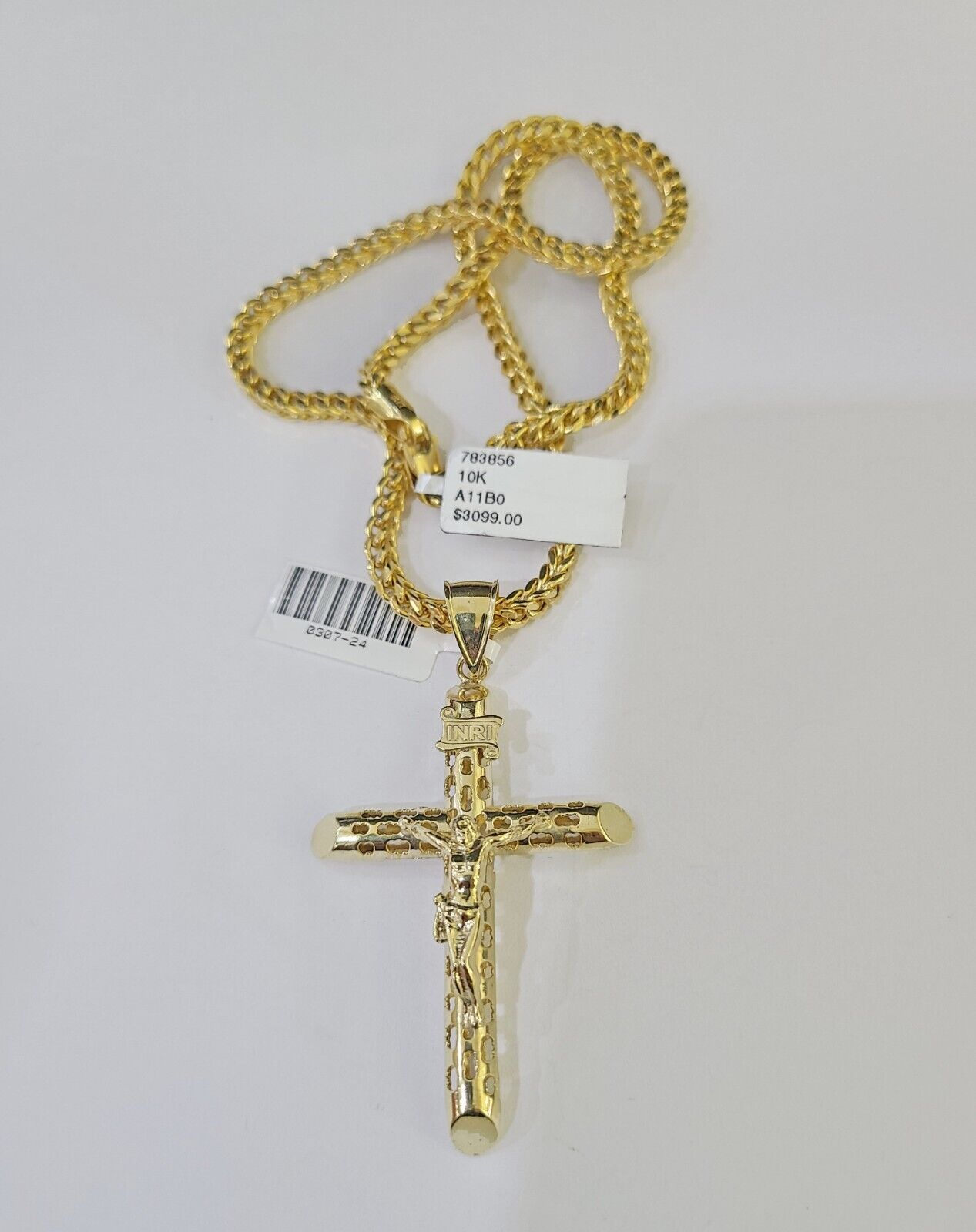 10K Gold Franco Chain INRI Cross Charm Length 18 - 26 inches 3mm REAL Yellow - GoldenlinQ